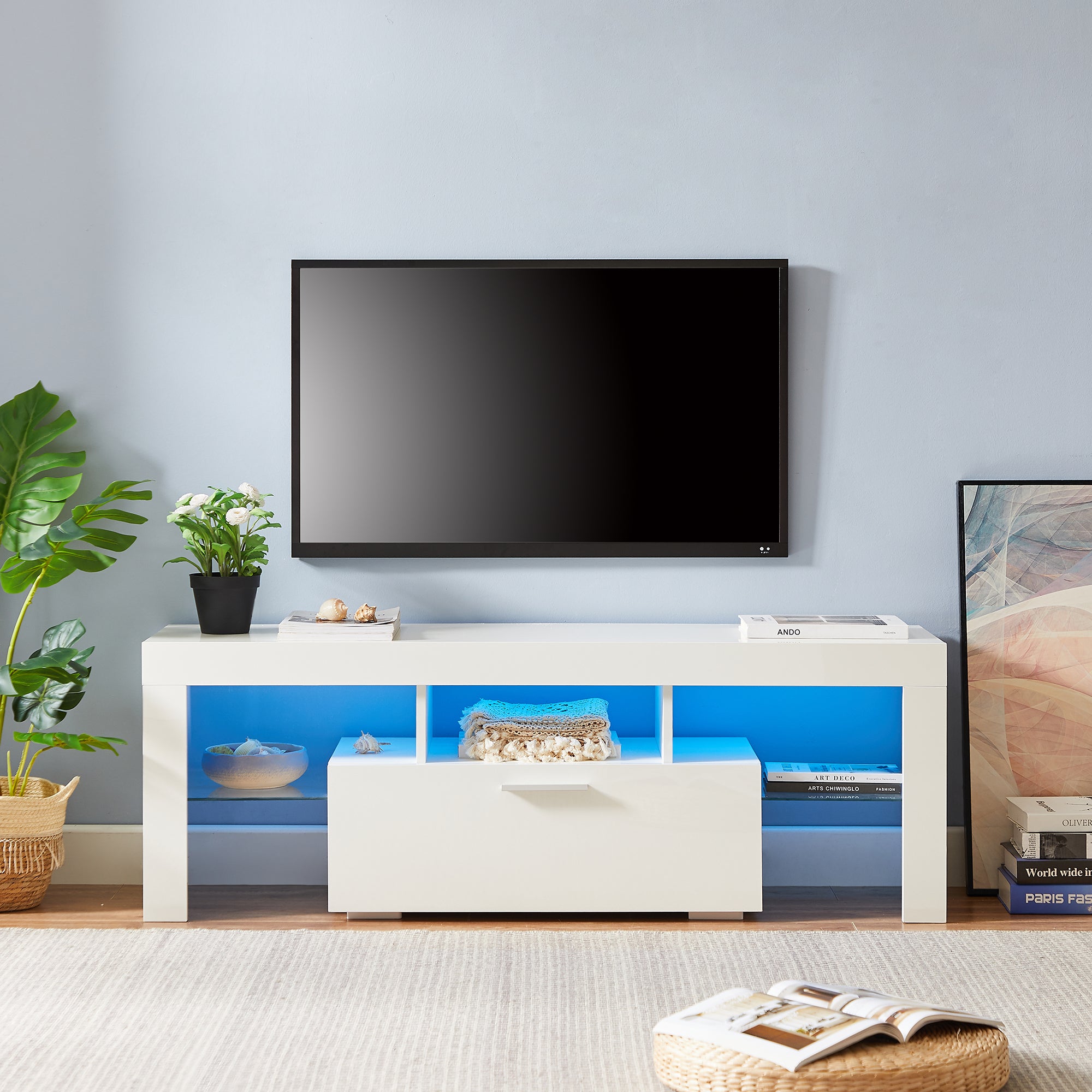 PAPROOS TV Stand with LED Lights, High Gloss TV Cabinet with Storage Drawer and Media Shelves, Modern Entertainment Center TV Console Table for 32-70 Inch TVs