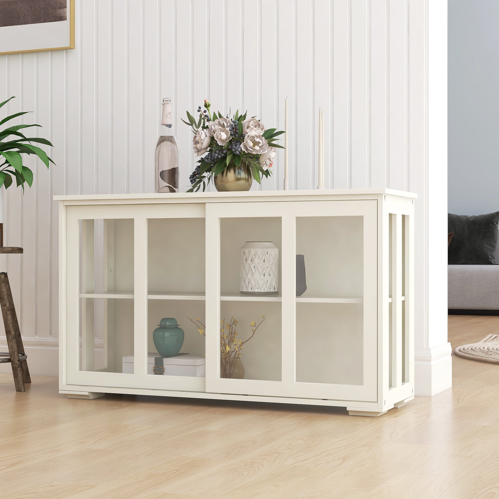 Paproos Kitchen Storage Cabinet, Wood Sideboard Buffet Cabinet with Sliding Glass Door & Adjustable Shelf, Modern Kitchen Storage Cupboard for Living Room, Hallway, White