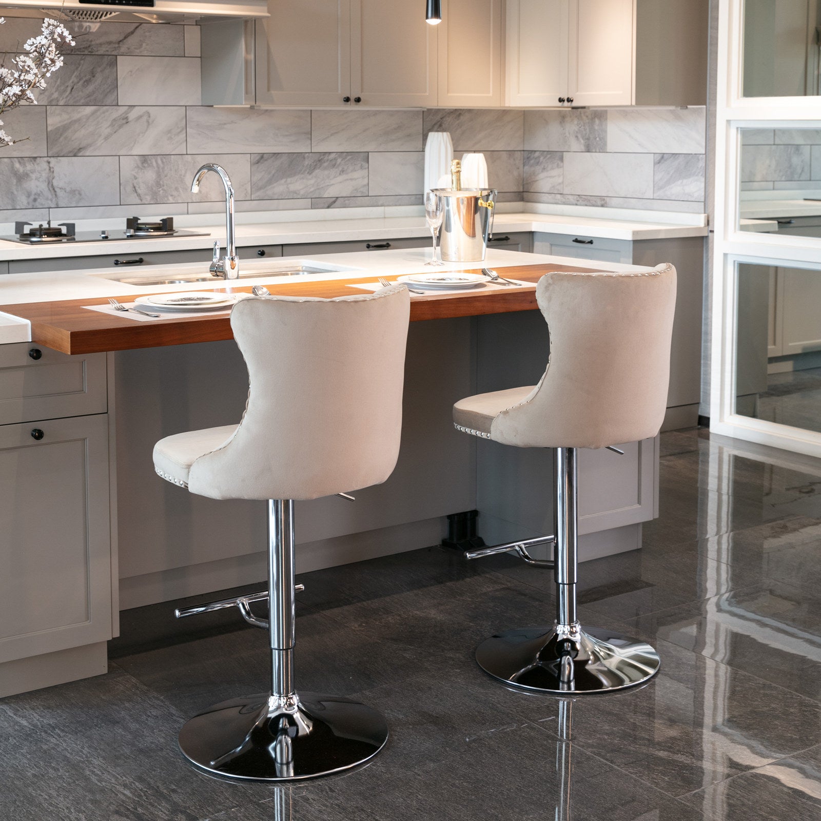 Swivel Bar Stools Set of 2, PAPROOS Adjustable Height Counter Height Bar Stools with Back, Velvet Dining Chair with Button Tufted & Nail Trim, Kitchen Chair for Kitchen Island Pub