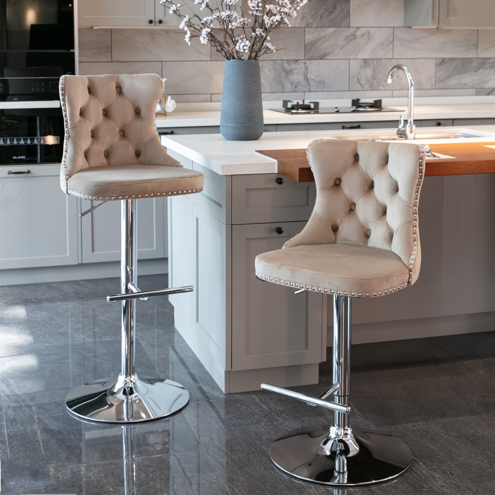 Swivel Bar Stools Set of 2, PAPROOS Adjustable Height Counter Height Bar Stools with Back, Velvet Dining Chair with Button Tufted & Nail Trim, Kitchen Chair for Kitchen Island Pub