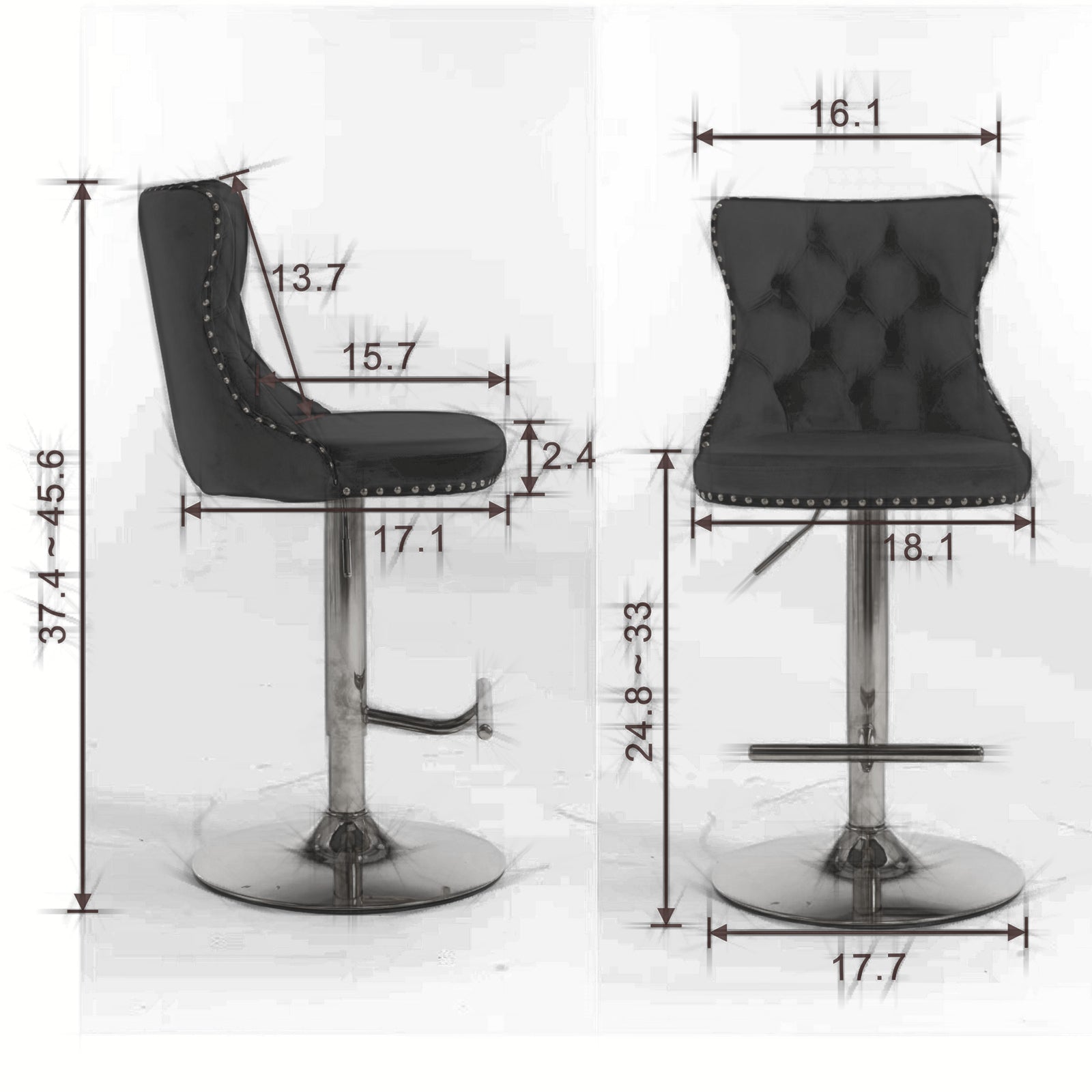 Swivel Bar Stools Set of 2, Paproos Adjustable Height Counter Height Bar Stools with Back, Velvet Dining Chair with Button Tufted & Nail Trim, Kitchen Chair for Kitchen Island Pub