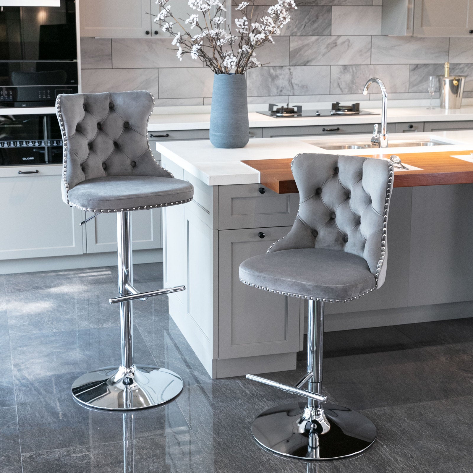 Swivel Bar Stools Set of 2, PAPROOS Adjustable Height Counter Height Bar Stools with Back, Velvet Dining Chair with Button Tufted & Nail Trim, Kitchen Chair for Kitchen Island Pub