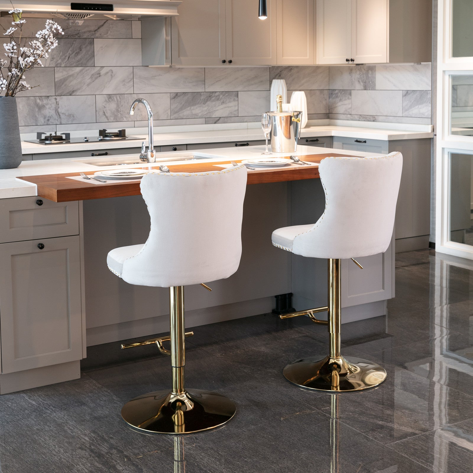 Swivel Bar Stools Set of 2, Paproos Adjustable Height Counter Height Bar Stools with Back, Velvet Dining Chair with Button Tufted & Nail Trim, Kitchen Chair for Kitchen Island Pub