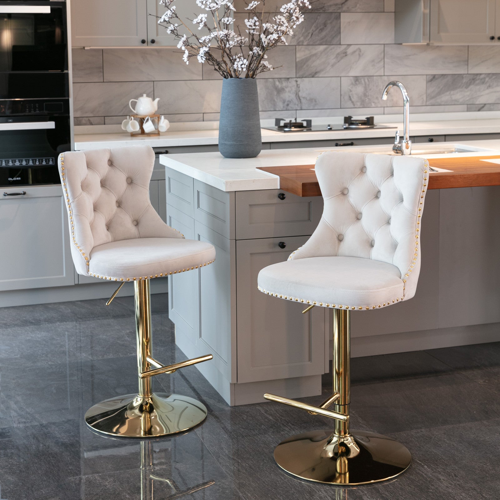 Swivel Bar Stools Set of 2, Paproos Adjustable Height Counter Height Bar Stools with Back, Velvet Dining Chair with Button Tufted & Nail Trim, Kitchen Chair for Kitchen Island Pub