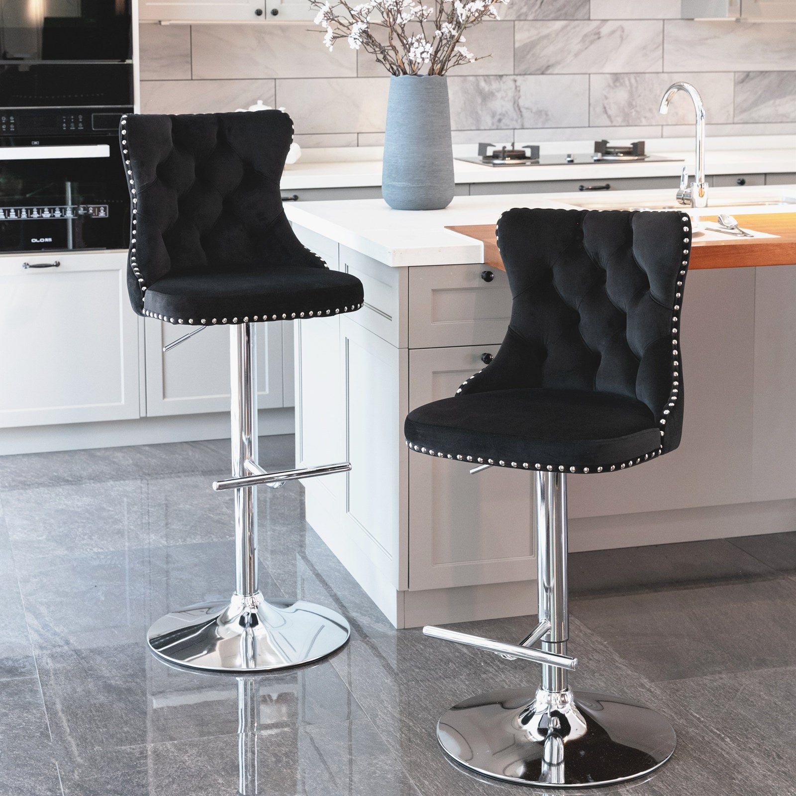 Swivel Bar Stools Set of 2, PAPROOS Adjustable Height Counter Height Bar Stools with Back, Velvet Dining Chair with Button Tufted & Nail Trim, Kitchen Chair for Kitchen Island Pub