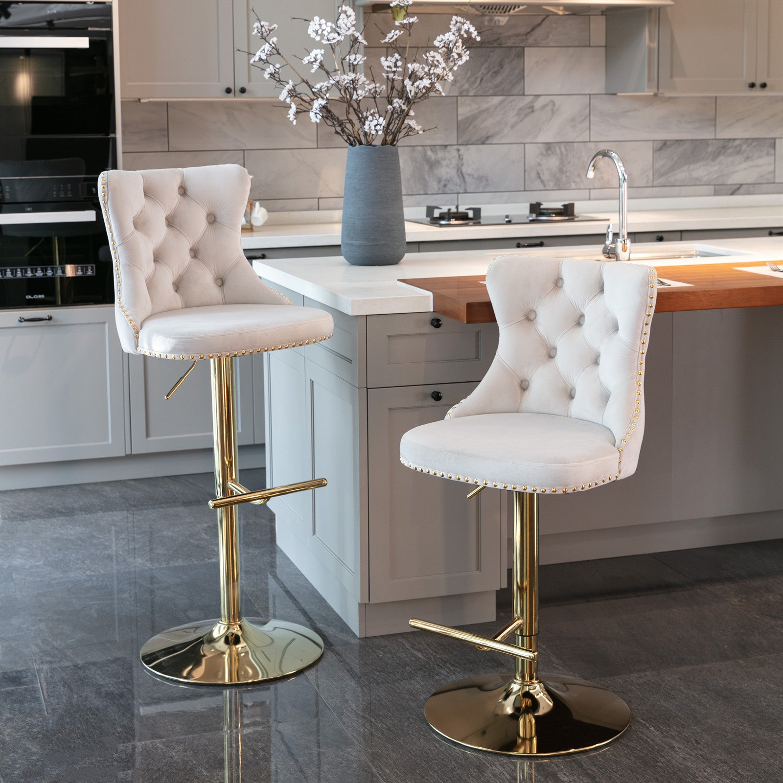 Swivel Bar Stools Set of 2, Paproos Adjustable Height Counter Height Bar Stools with Back, Velvet Dining Chair with Button Tufted & Nail Trim, Kitchen Chair for Kitchen Island Pub