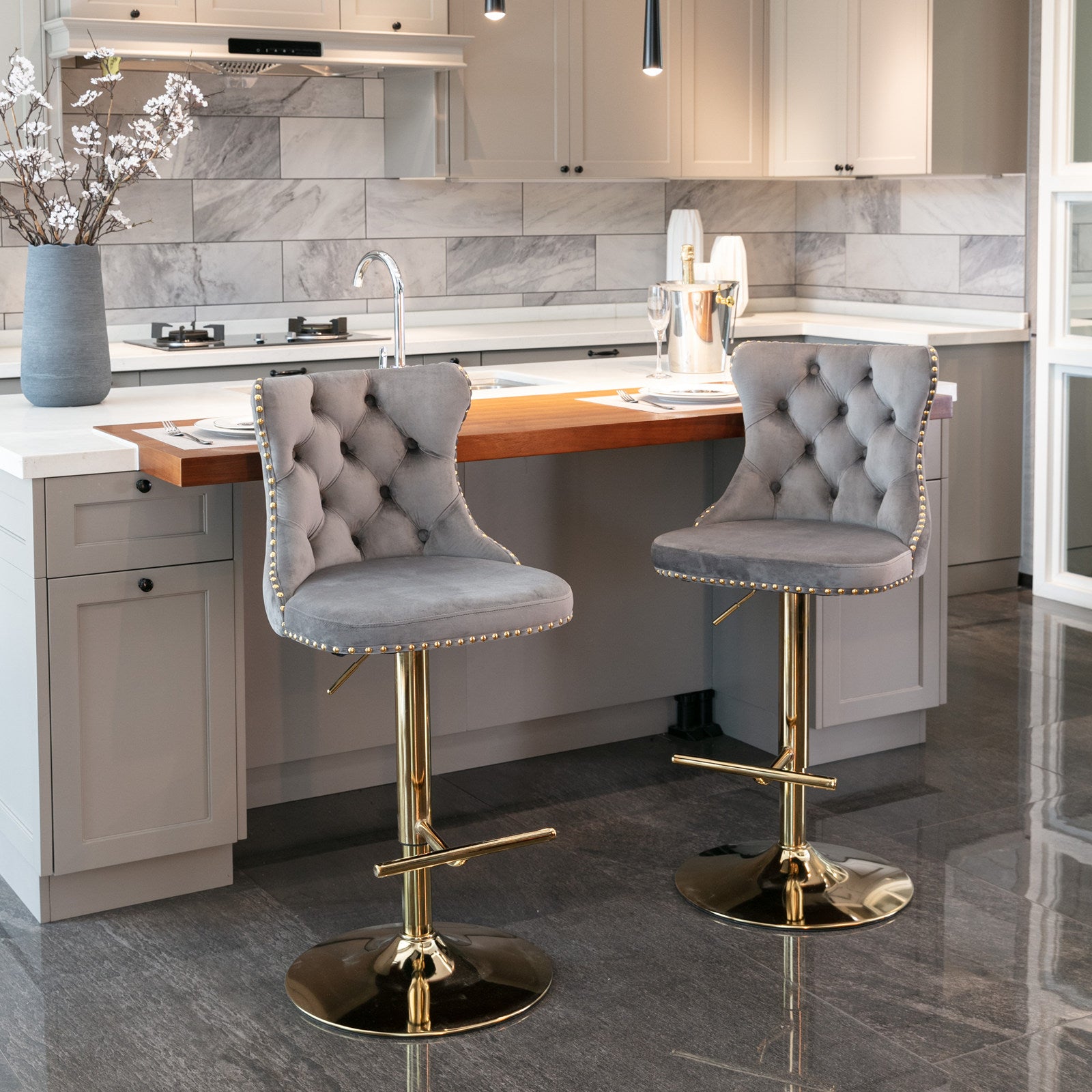 Swivel Bar Stools Set of 2, Paproos Adjustable Height Counter Height Bar Stools with Back, Velvet Dining Chair with Button Tufted & Nail Trim, Kitchen Chair for Kitchen Island Pub