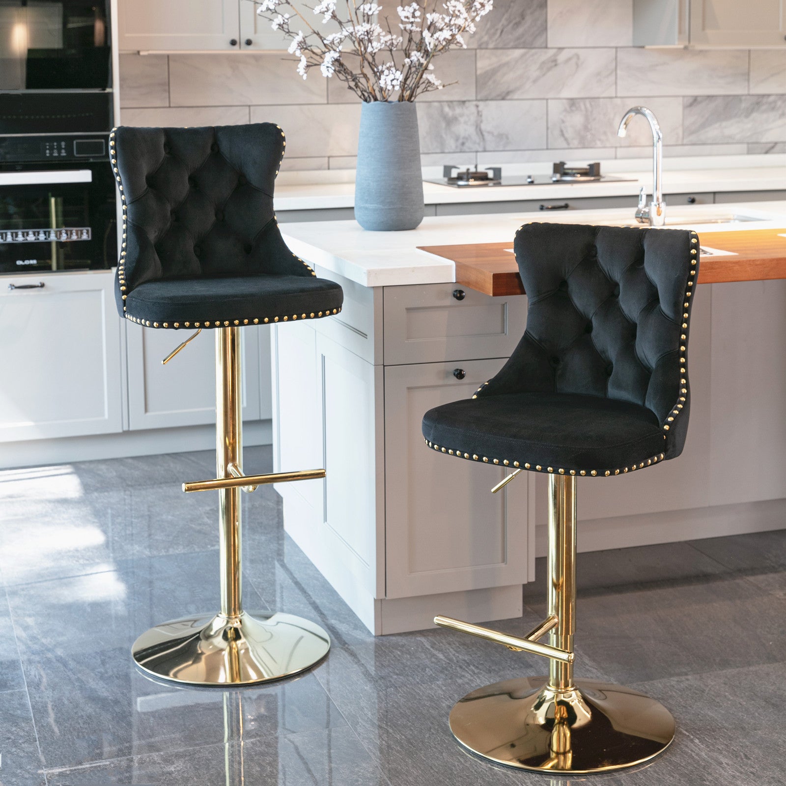 Swivel Bar Stools Set of 2, Paproos Adjustable Height Counter Height Bar Stools with Back, Velvet Dining Chair with Button Tufted & Nail Trim, Kitchen Chair for Kitchen Island Pub
