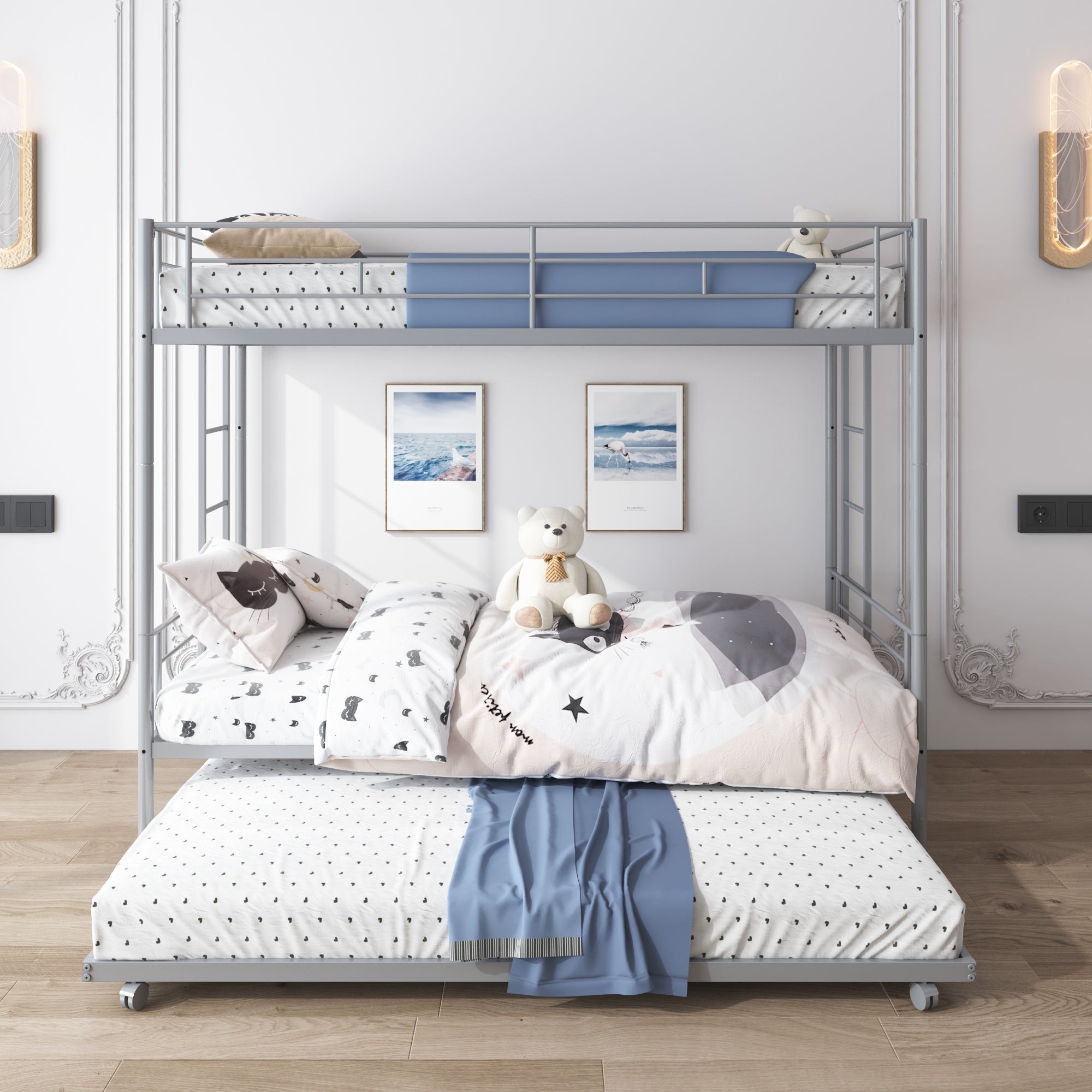 Twin Over Twin Metal Bunk Beds with Trundle, Paproos Convertible Metal Bunkbeds Twin Size, Can Be Divided into 3 Beds, with Side Ladders, No Box Spring Needed, 350lbs Capacity, Silver