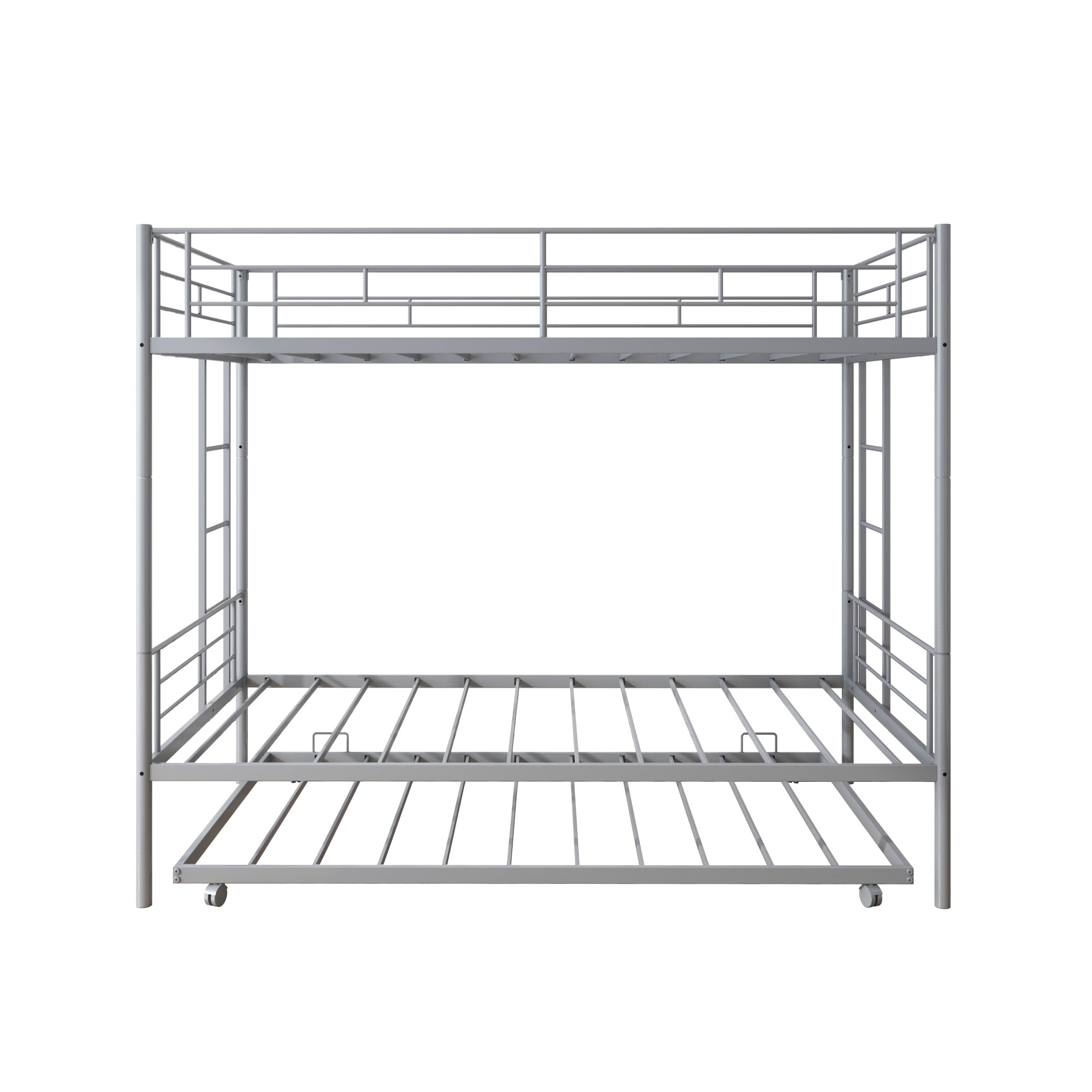 Twin Over Twin Metal Bunk Beds with Trundle, Paproos Convertible Metal Bunkbeds Twin Size, Can Be Divided into 3 Beds, with Side Ladders, No Box Spring Needed, 350lbs Capacity, Silver