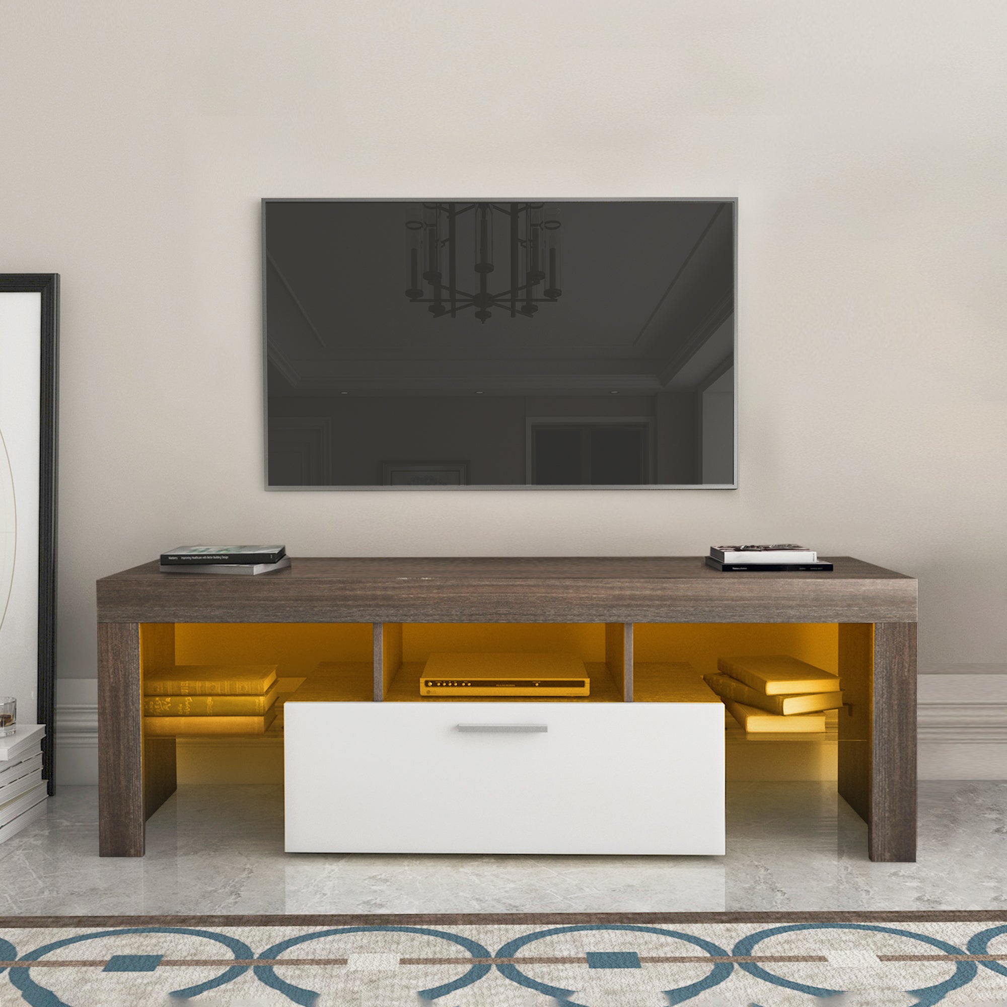 PAPROOS TV Stand with LED Lights, High Gloss TV Cabinet with Storage Drawer and Media Shelves, Modern Entertainment Center TV Console Table for 32-70 Inch TVs