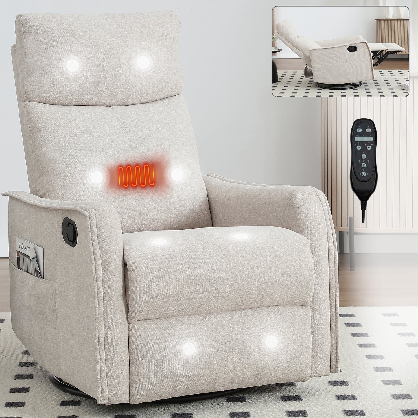 PAPROOS Heat Massage Recliner Chair, 360°Swivel Rocker Recliner Chair, Home Theater Recliner with 2 Side Pockets, Push Back Recliner, Nursery Chair for Bedroom, Living Room