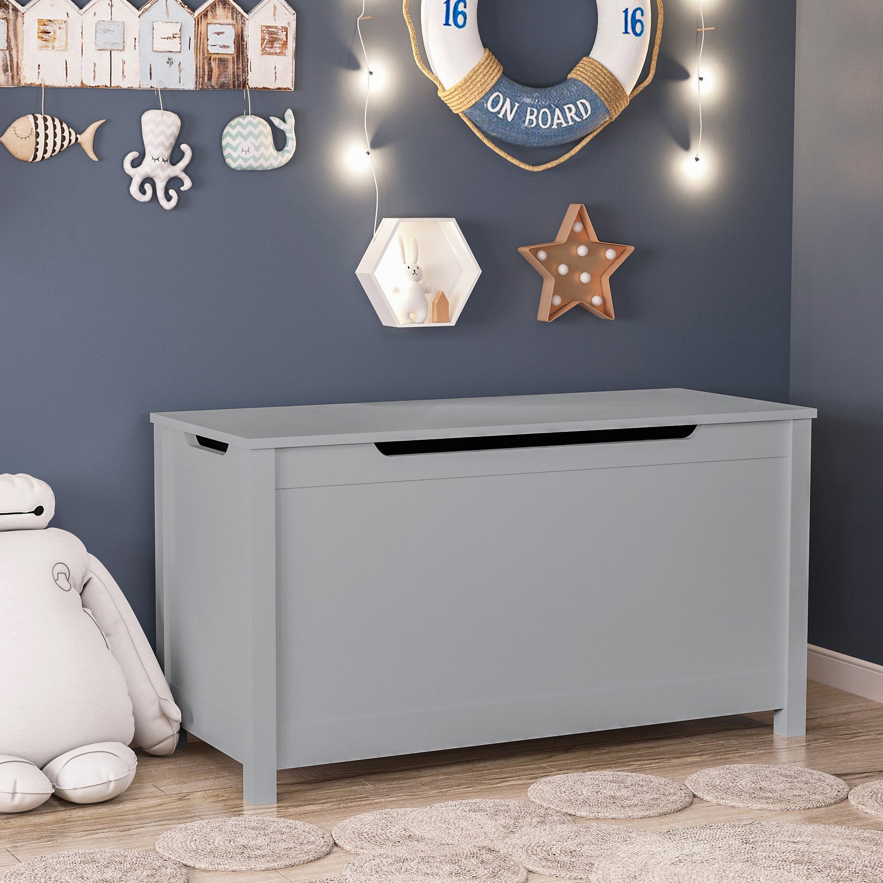 Toy Box for Boys Girls, Wooden Kids Toy Chest with Storage Bench and Safety Hinged Lid, Modern Toy Storage Organizer for Living Room, Bedroom, Toddler Room, White