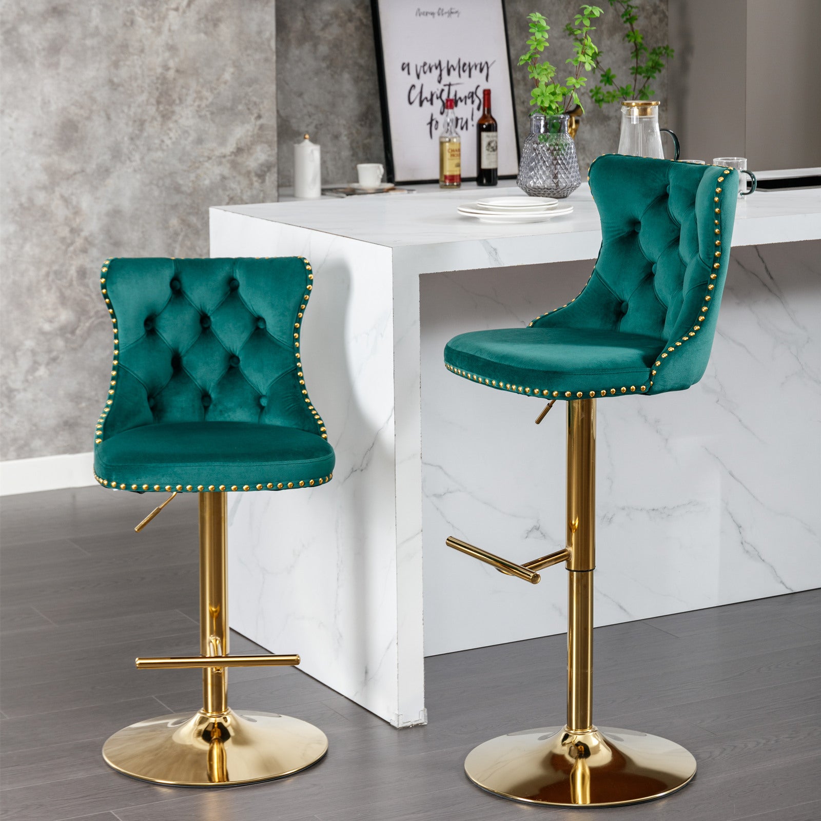 Swivel Bar Stools Set of 2, Paproos Adjustable Height Counter Height Bar Stools with Back, Velvet Dining Chair with Button Tufted & Nail Trim, Kitchen Chair for Kitchen Island Pub