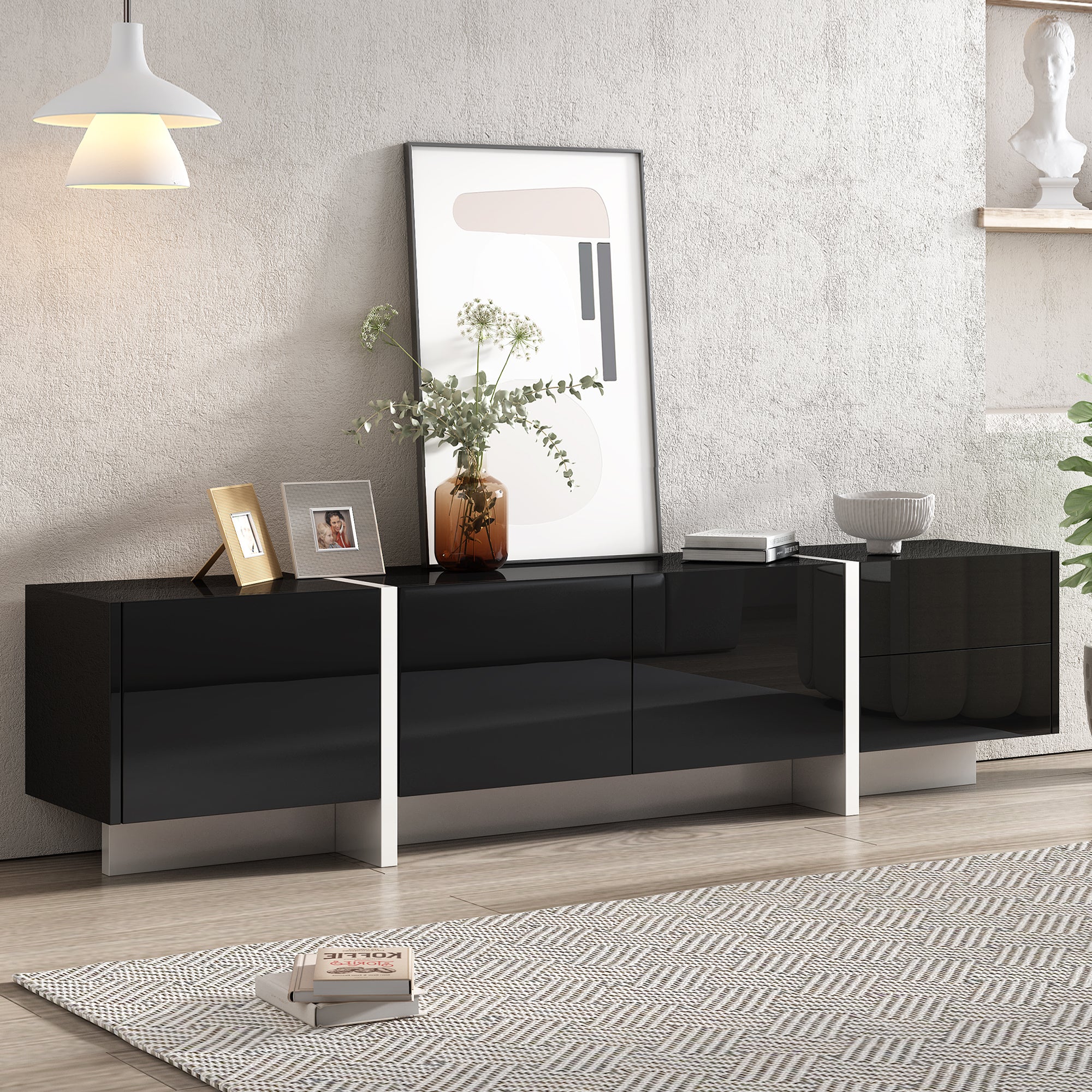 TV Stand for 80 Inch TVs, Paproos High Gloss Entertainment Center with Storage Cabinets, TV Cabinet with Drawers and Doors, Media Console Table for TVs Living Room, Office
