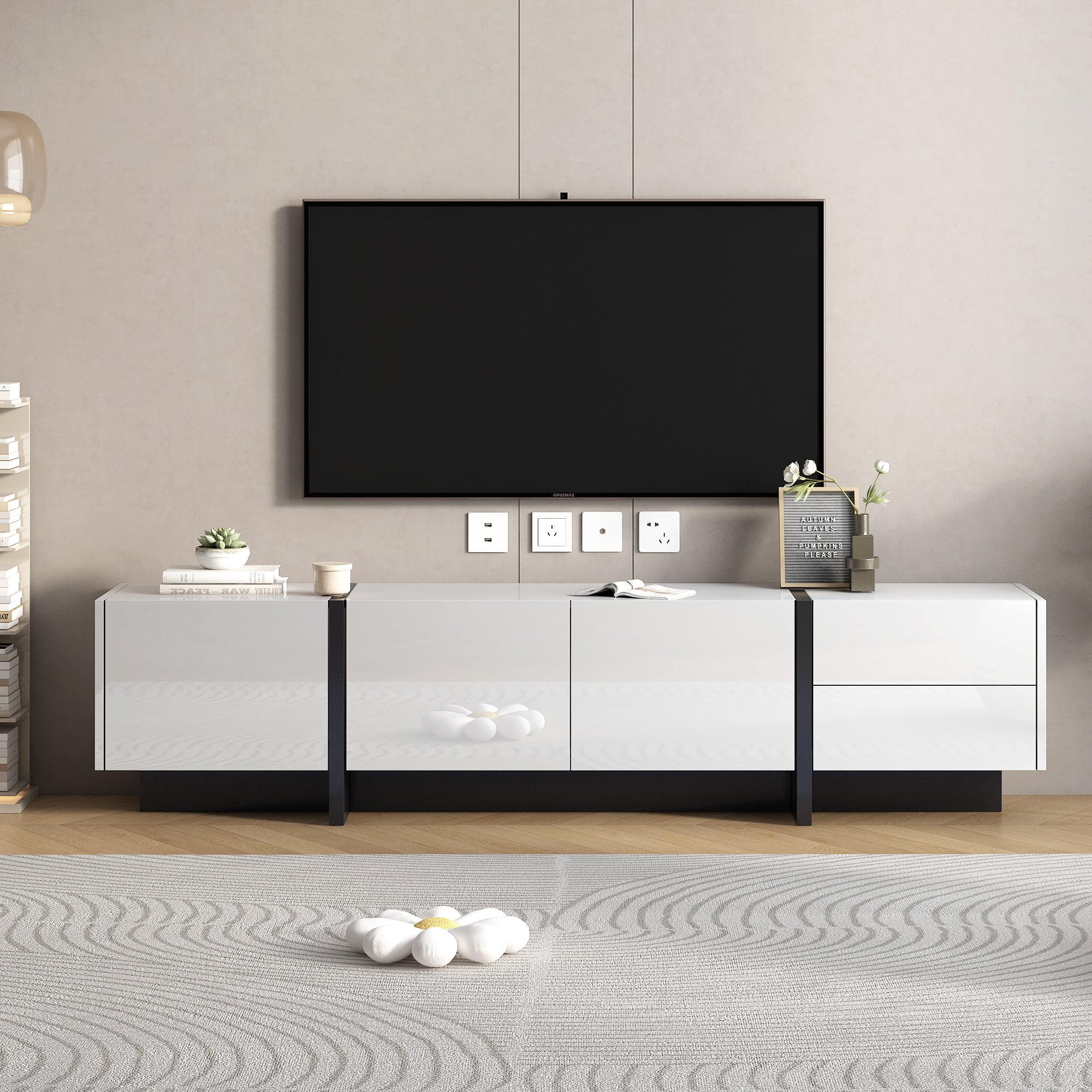 TV Stand for 80 Inch TVs, Paproos High Gloss Entertainment Center with Storage Cabinets, TV Cabinet with Drawers and Doors, Media Console Table for TVs Living Room, Office