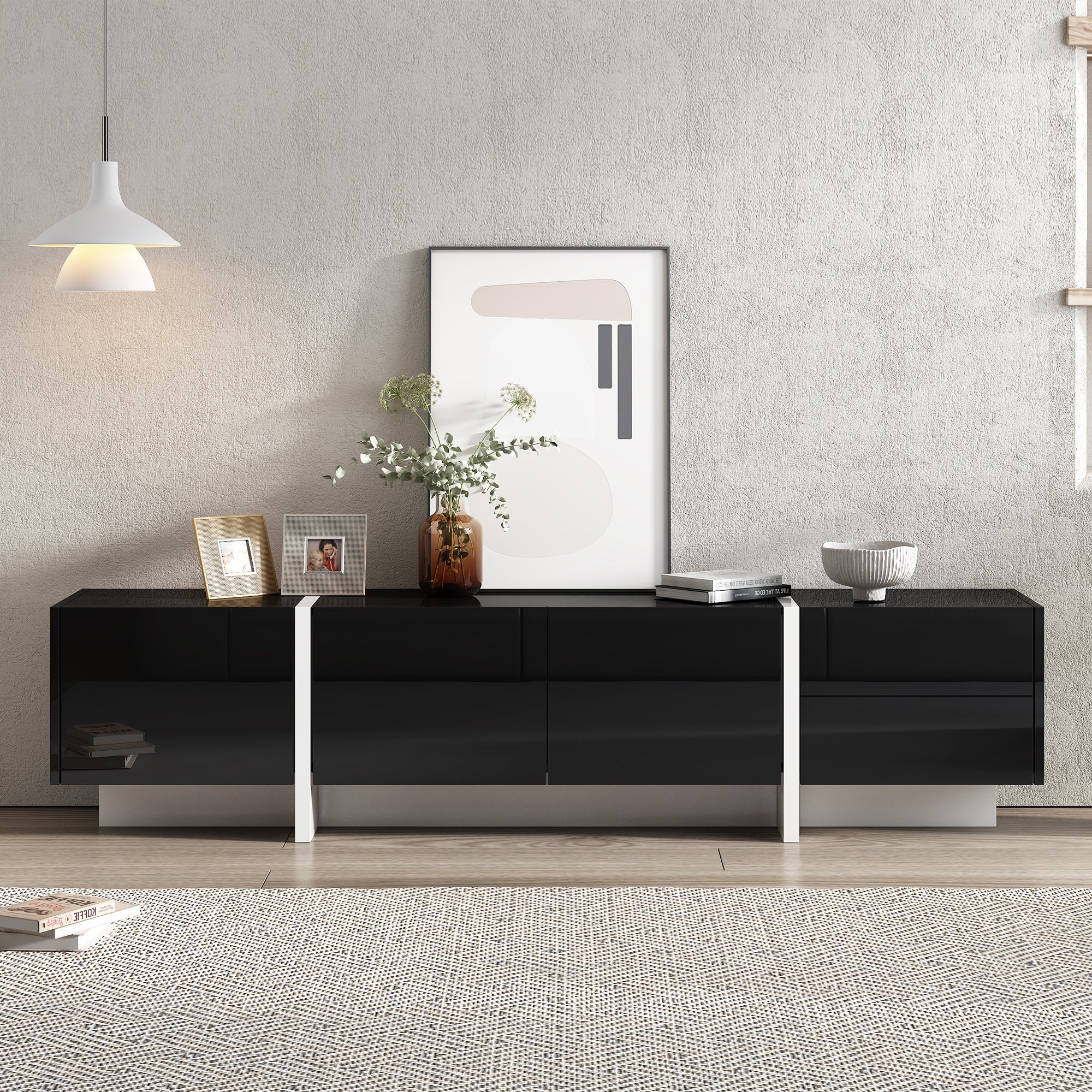 TV Stand for 80 Inch TVs, Paproos High Gloss Entertainment Center with Storage Cabinets, TV Cabinet with Drawers and Doors, Media Console Table for TVs Living Room, Office