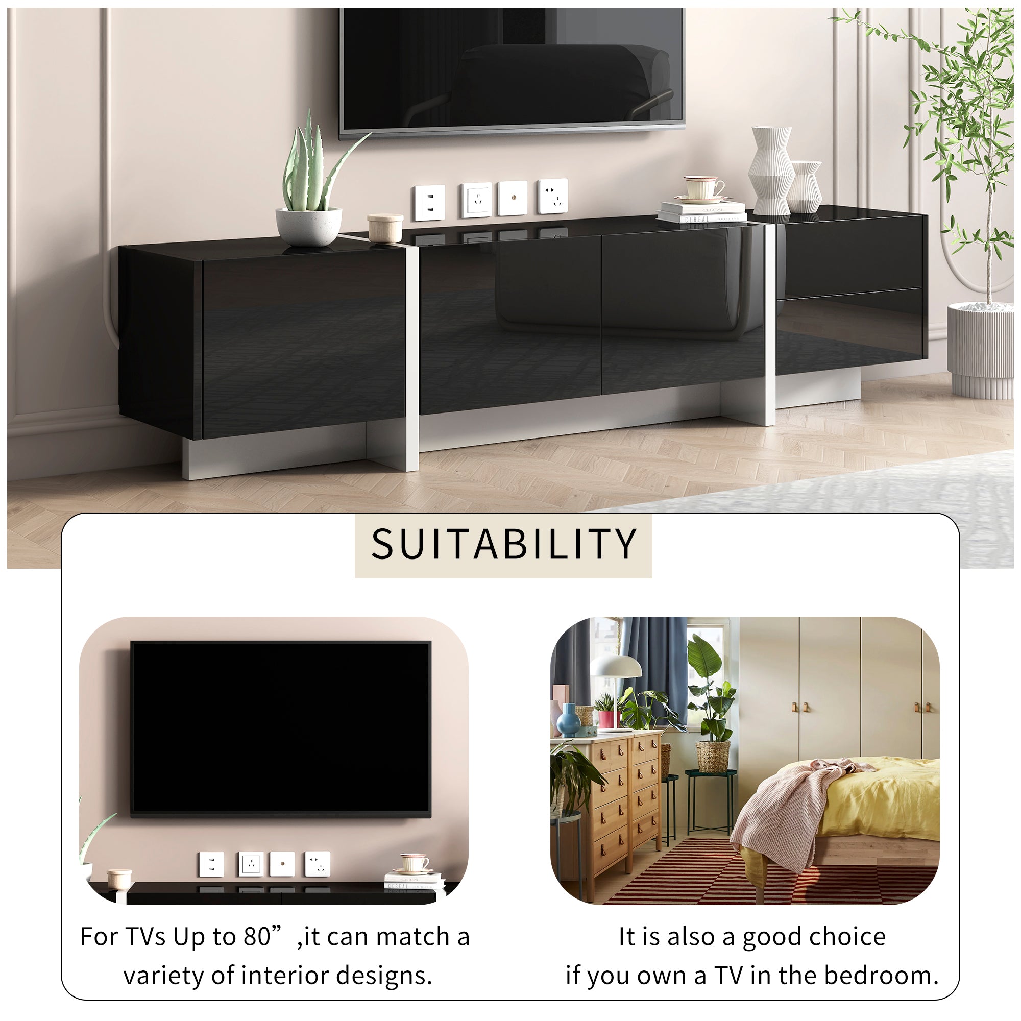 TV Stand for 80 Inch TVs, Paproos High Gloss Entertainment Center with Storage Cabinets, TV Cabinet with Drawers and Doors, Media Console Table for TVs Living Room, Office