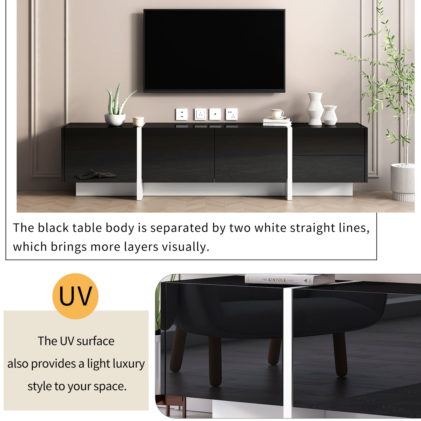 TV Stand for 80 Inch TVs, Paproos High Gloss Entertainment Center with Storage Cabinets, TV Cabinet with Drawers and Doors, Media Console Table for TVs Living Room, Office
