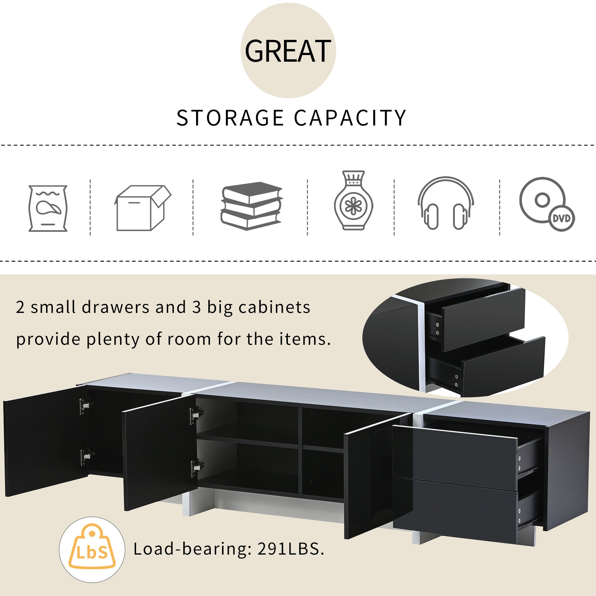 TV Stand for 80 Inch TVs, Paproos High Gloss Entertainment Center with Storage Cabinets, TV Cabinet with Drawers and Doors, Media Console Table for TVs Living Room, Office