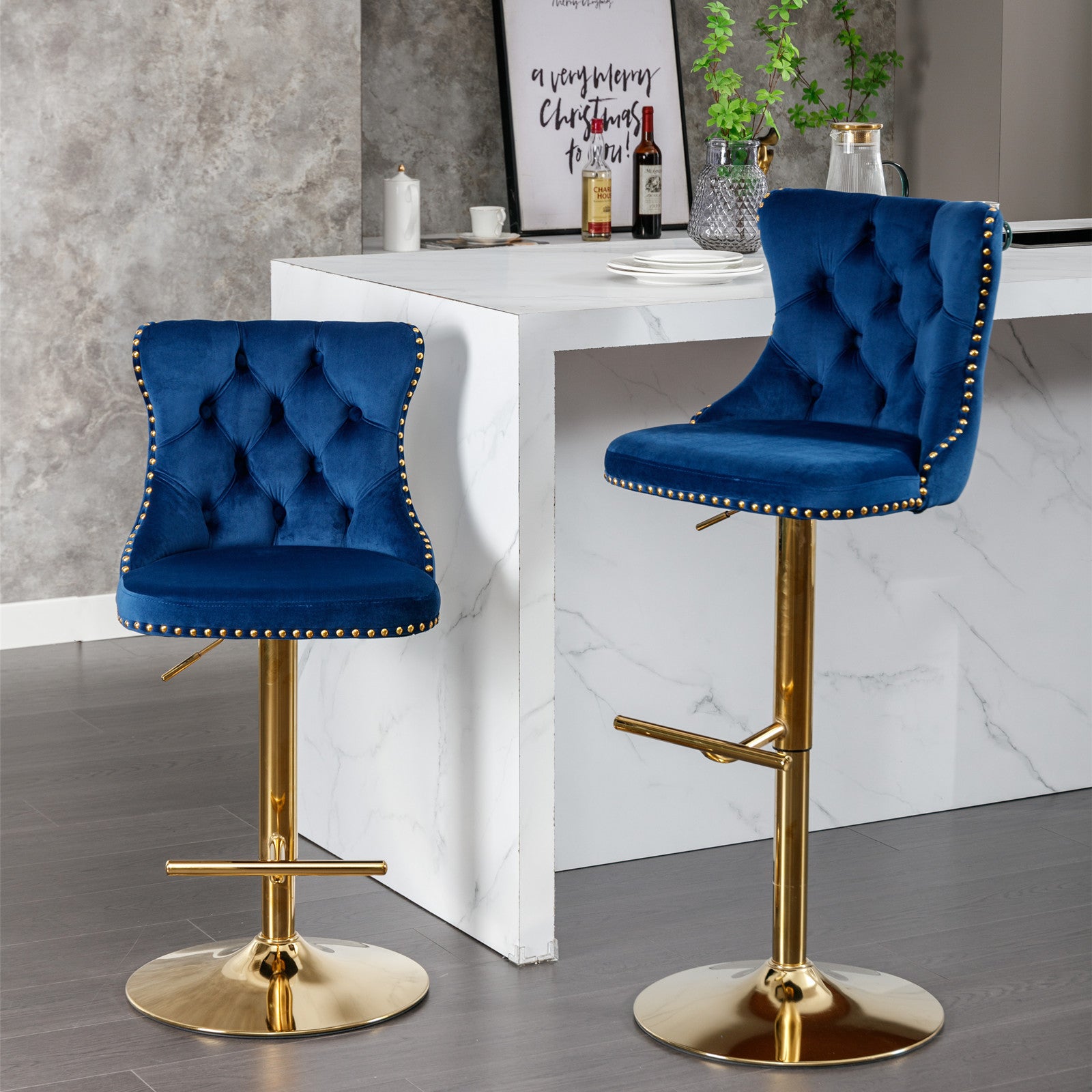 Swivel Bar Stools Set of 2, Paproos Adjustable Height Counter Height Bar Stools with Back, Velvet Dining Chair with Button Tufted & Nail Trim, Kitchen Chair for Kitchen Island Pub