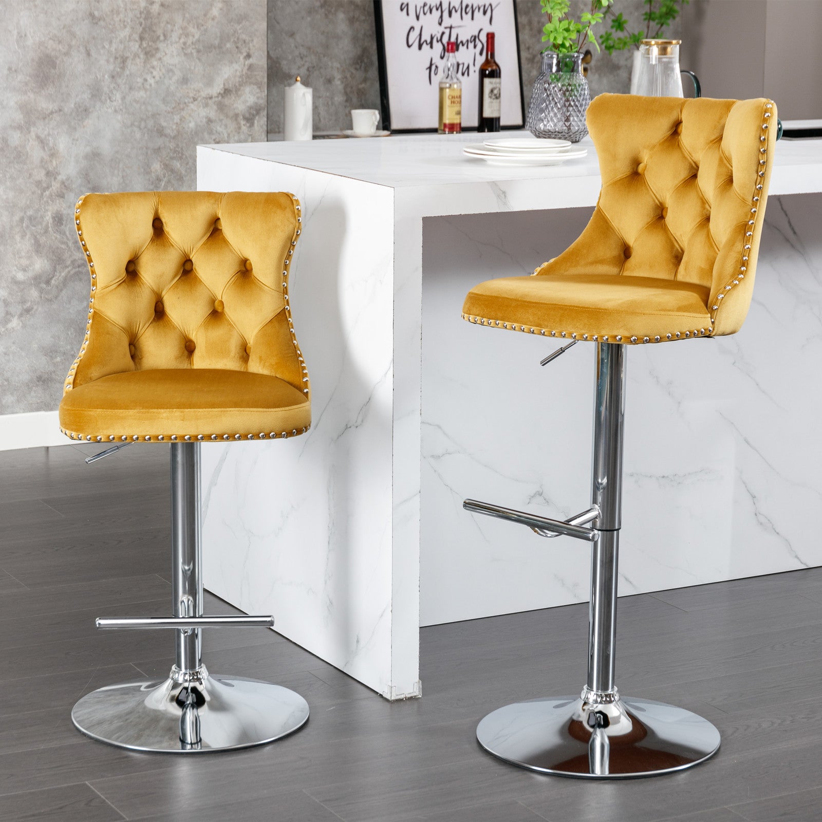 Swivel Bar Stools Set of 2, PAPROOS Adjustable Height Counter Height Bar Stools with Back, Velvet Dining Chair with Button Tufted & Nail Trim, Kitchen Chair for Kitchen Island Pub