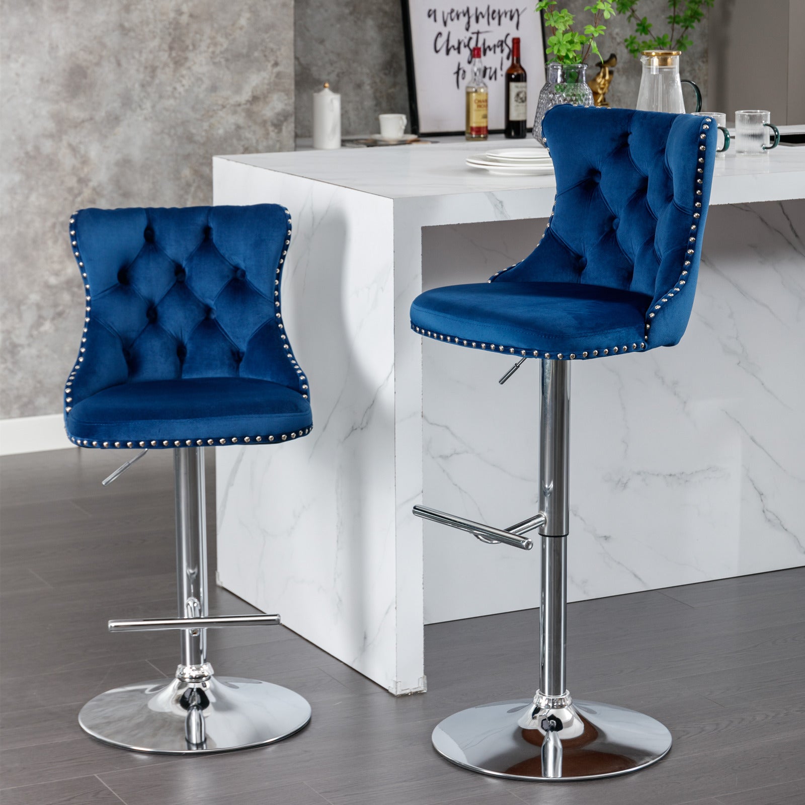 Swivel Bar Stools Set of 2, PAPROOS Adjustable Height Counter Height Bar Stools with Back, Velvet Dining Chair with Button Tufted & Nail Trim, Kitchen Chair for Kitchen Island Pub