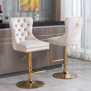 Paproos Bar Stools Set of 2, Adjustable Swivel Bar Stools, Velvet Upholstered Dining Chair Set with Button Tufted & Nailheads Trim, Bar Height Stool with Back & Footrest, Beige & Gold