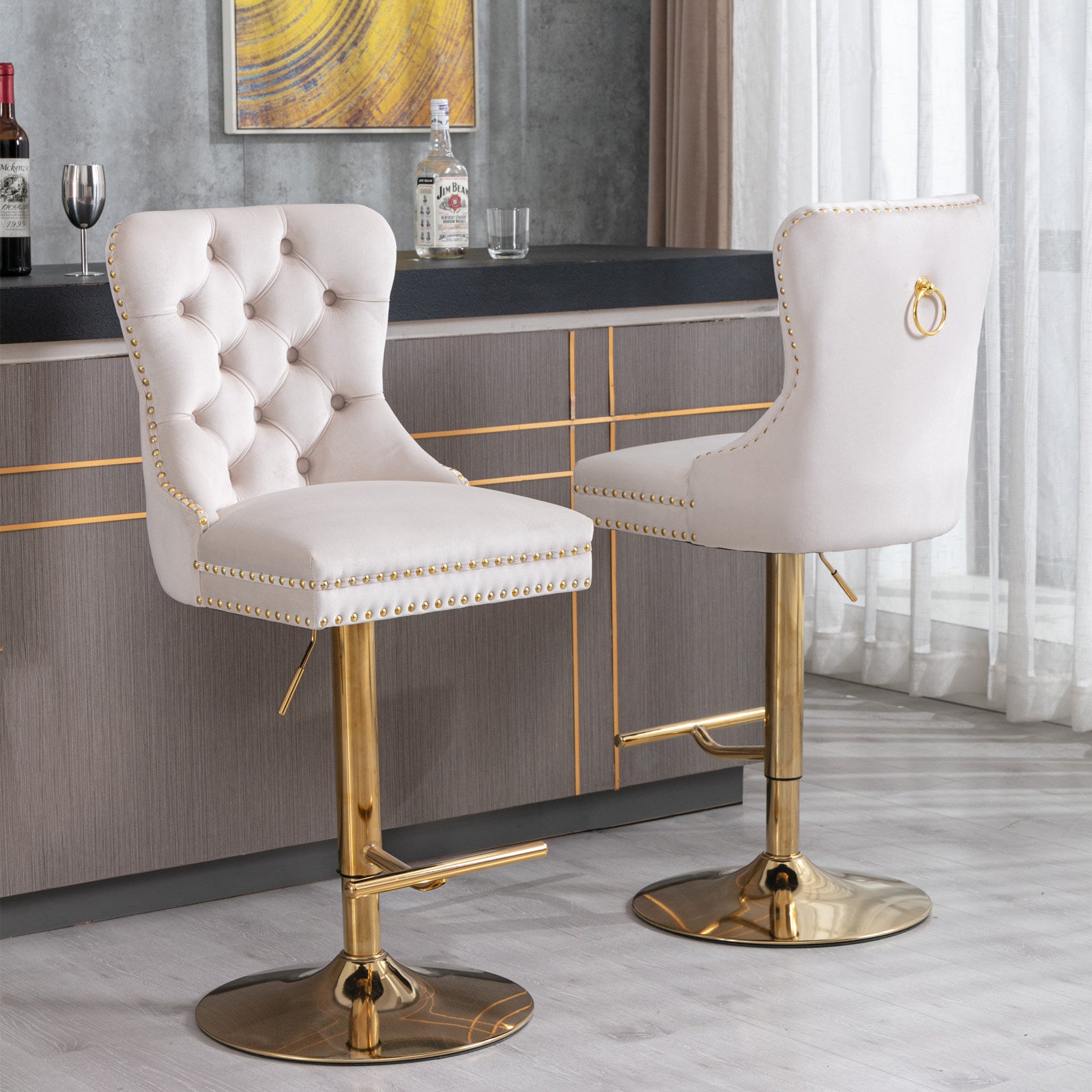 Paproos Bar Stools Set of 2, Adjustable Swivel Bar Stools, Velvet Upholstered Dining Chair Set with Button Tufted & Nailheads Trim, Bar Height Stool with Back & Footrest, Beige & Gold