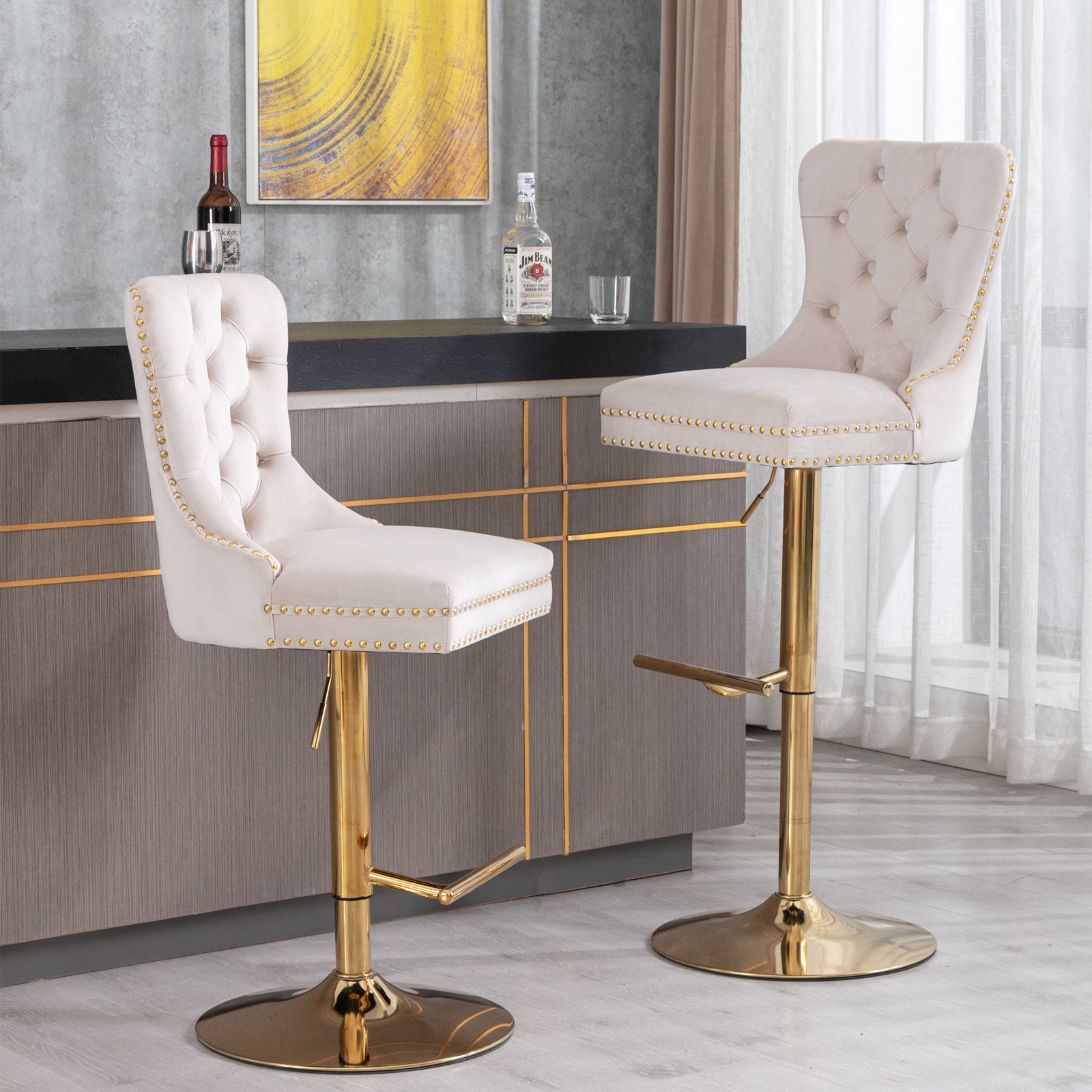 Paproos Bar Stools Set of 2, Adjustable Swivel Bar Stools, Velvet Upholstered Dining Chair Set with Button Tufted & Nailheads Trim, Bar Height Stool with Back & Footrest, Beige & Gold