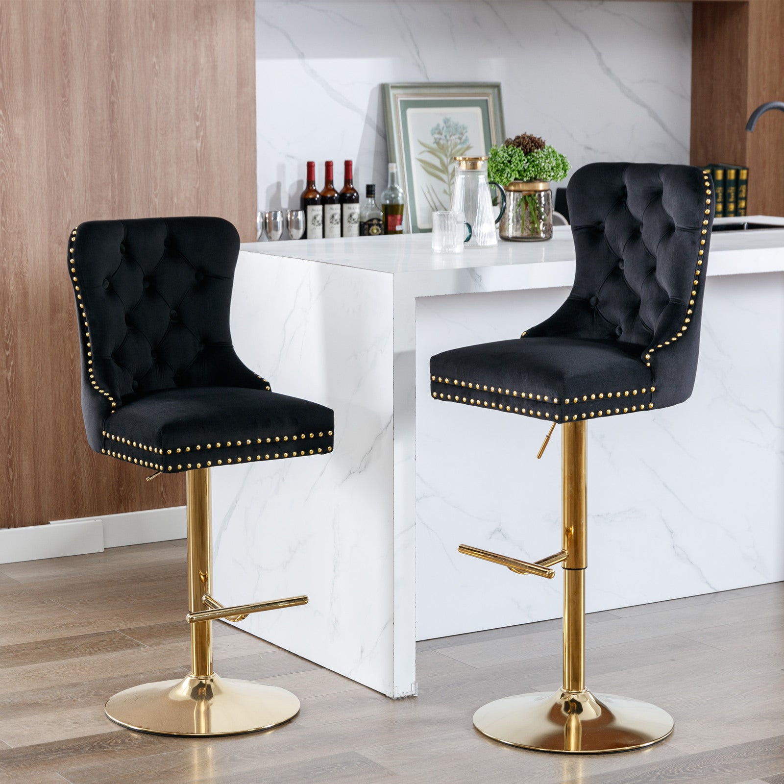 Paproos Bar Stools Set of 2, Adjustable Swivel Bar Stools, Velvet Upholstered Dining Chair Set with Button Tufted & Nailheads Trim, Bar Height Stool with Back & Footrest, Beige & Gold