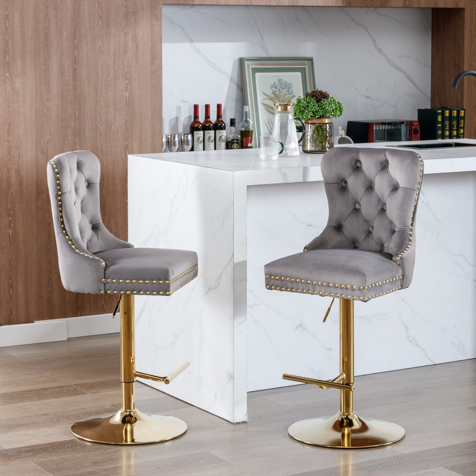 Paproos Bar Stools Set of 2, Adjustable Swivel Bar Stools, Velvet Upholstered Dining Chair Set with Button Tufted & Nailheads Trim, Bar Height Stool with Back & Footrest, Beige & Gold