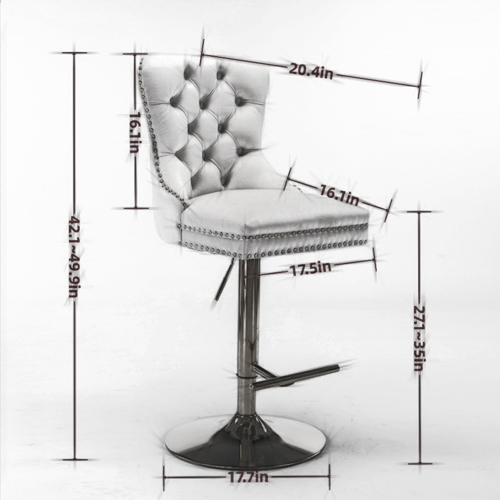 Paproos Bar Stools Set of 2, Adjustable Swivel Bar Stools, Velvet Upholstered Dining Chair Set with Button Tufted & Nailheads Trim, Bar Height Stool with Back & Footrest, Beige & Gold