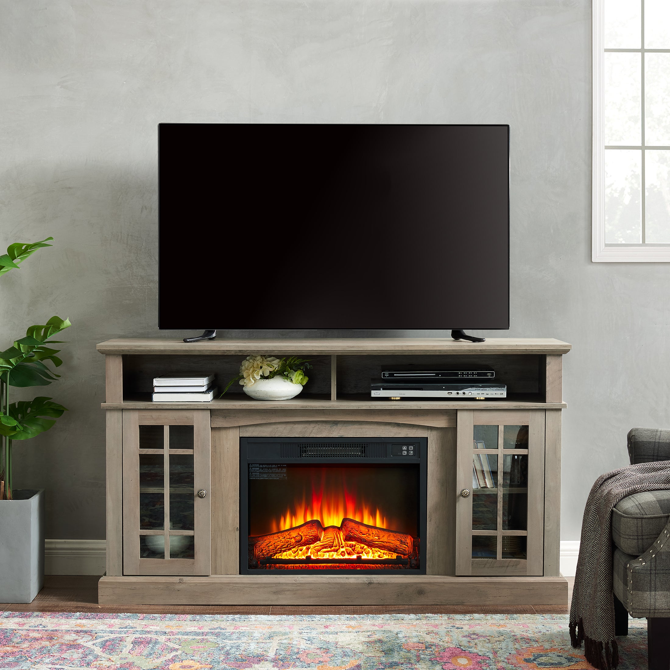 PAPROOS Fireplace TV Stand up to 65" TV, Farmhouse TV Console with 23" Fireplace for Living Room, Wood Entertainment Center Media Console with Glass Doors and Shelves, Gray