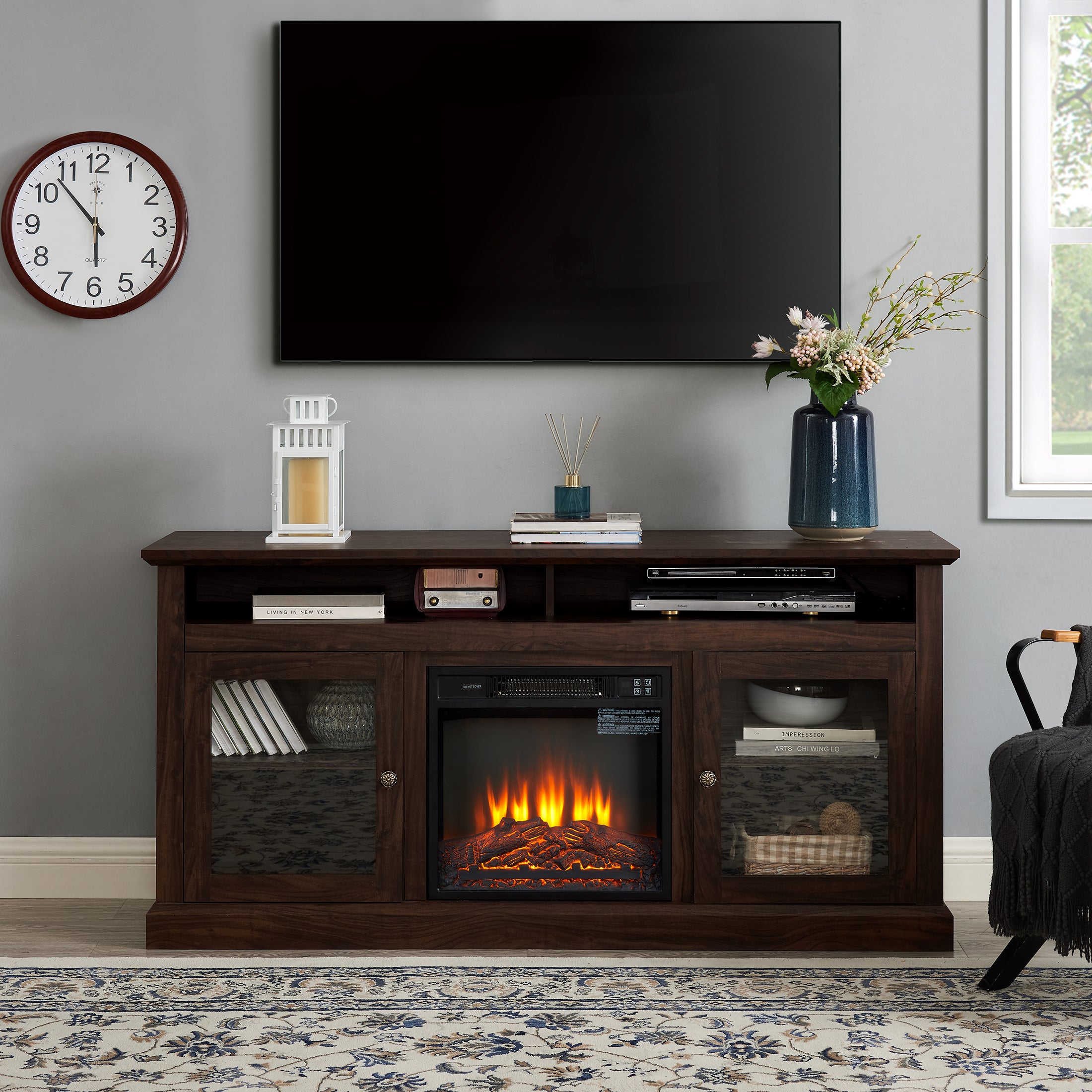 PAPROOS Electric Fireplace TV Stand for 65" TV, Farmhouse Living Room TV Stand with Glass Doors and Shelves, Wood Entertainment Center TV Console Media Console with 18" Fireplace, Brown