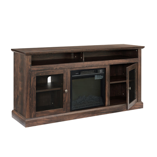 PAPROOS Electric Fireplace TV Stand for 65" TV, Farmhouse Living Room TV Stand with Glass Doors and Shelves, Wood Entertainment Center TV Console Media Console with 18" Fireplace, Brown