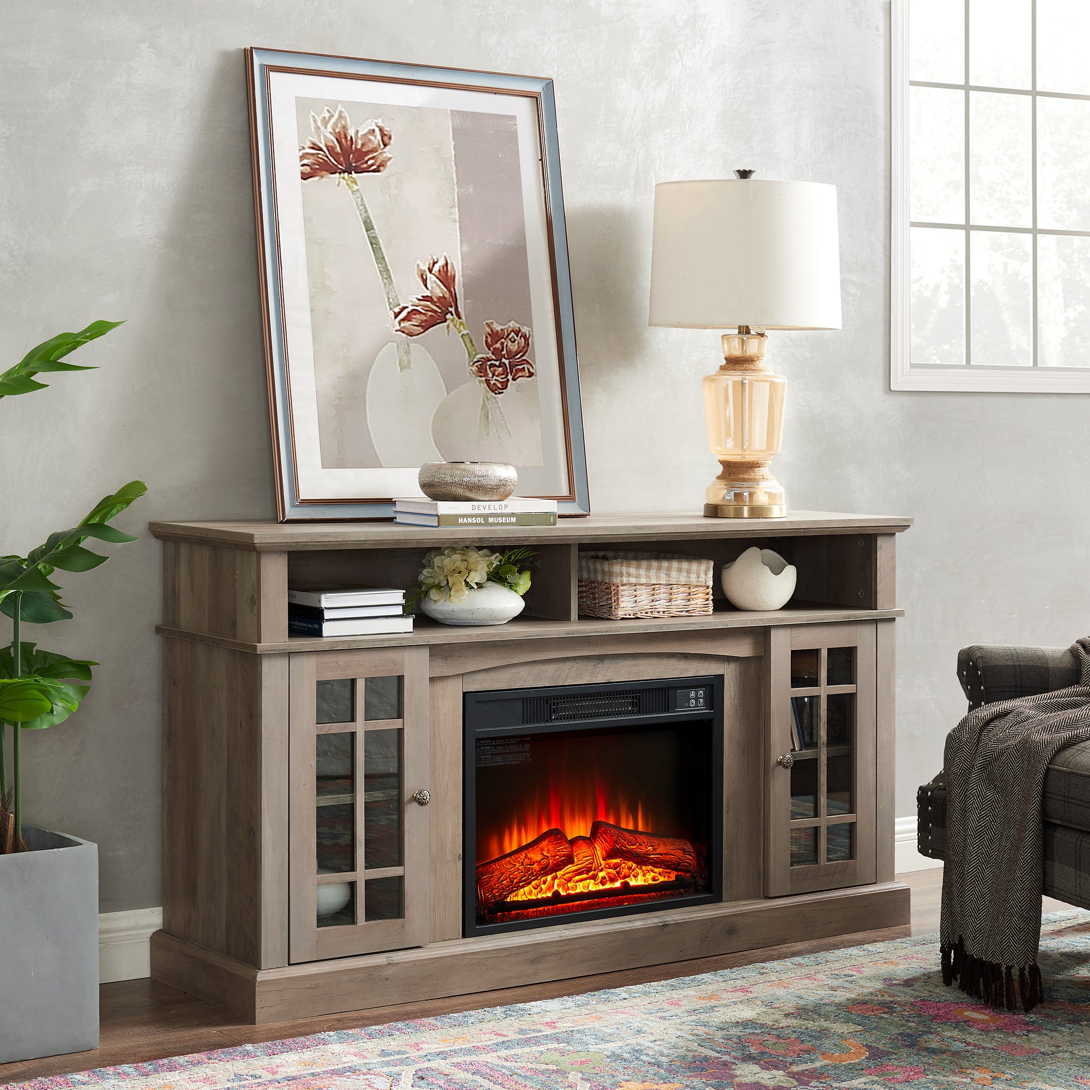 PAPROOS Fireplace TV Stand up to 65" TV, Farmhouse TV Console with 23" Fireplace for Living Room, Wood Entertainment Center Media Console with Glass Doors and Shelves, Gray