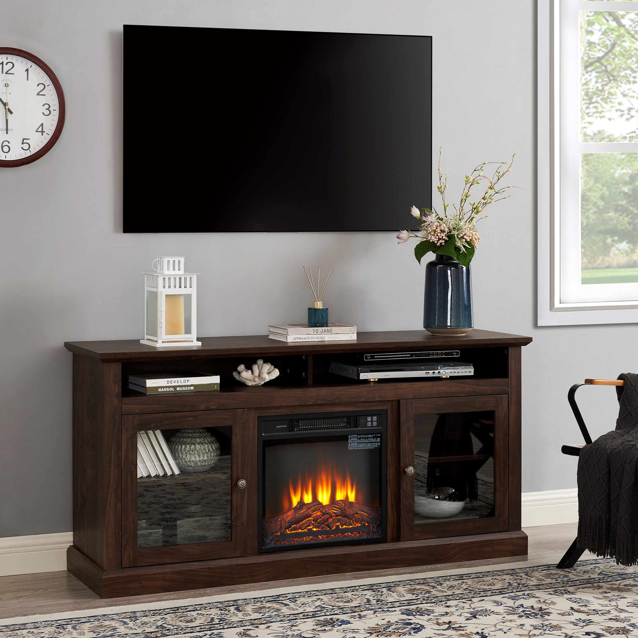 PAPROOS Electric Fireplace TV Stand for 65" TV, Farmhouse Living Room TV Stand with Glass Doors and Shelves, Wood Entertainment Center TV Console Media Console with 18" Fireplace, Brown