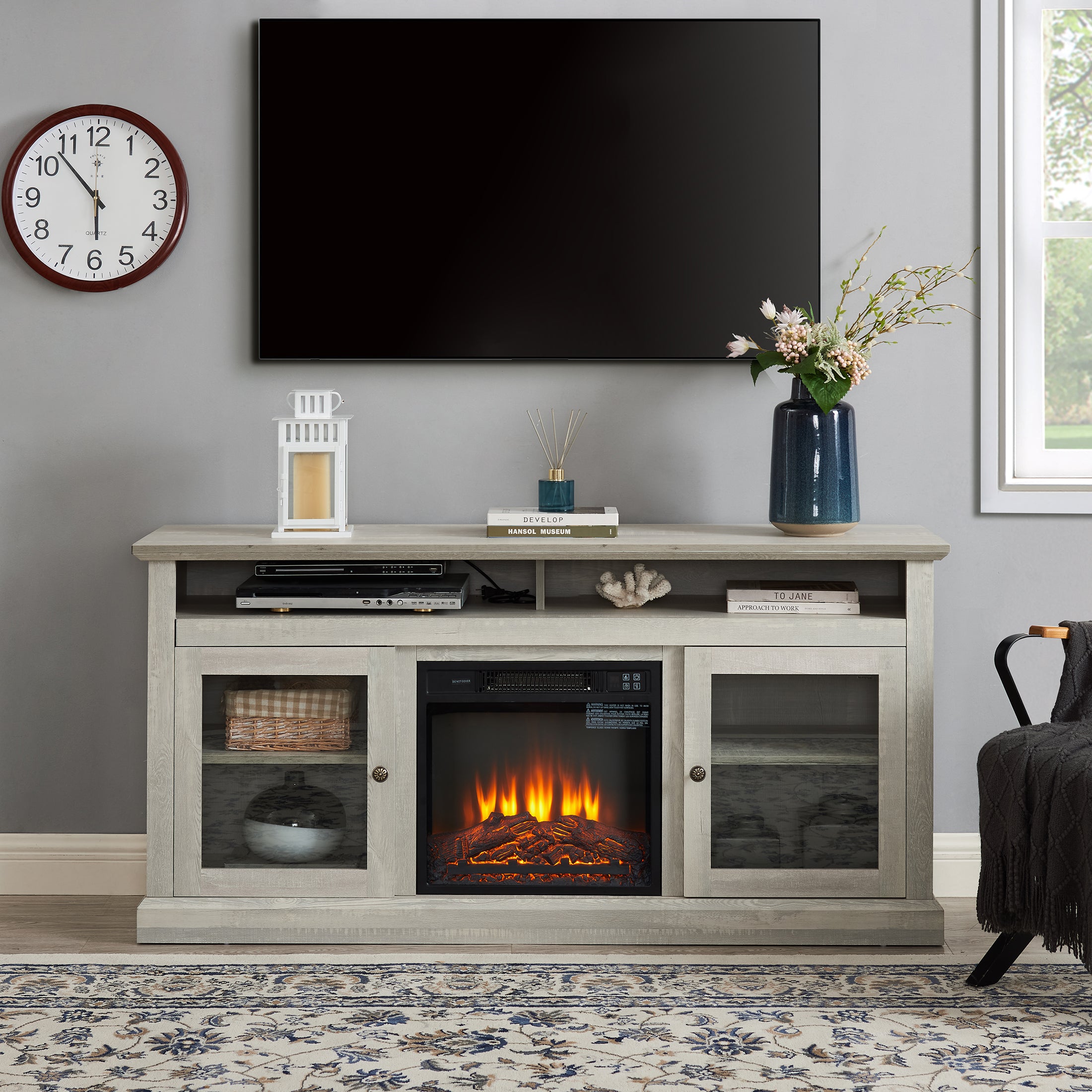 PAPROOS Electric Fireplace TV Stand for 65" TV, Farmhouse Living Room TV Stand with Glass Doors and Shelves, Wood Entertainment Center TV Console Media Console with 18" Fireplace, Brown