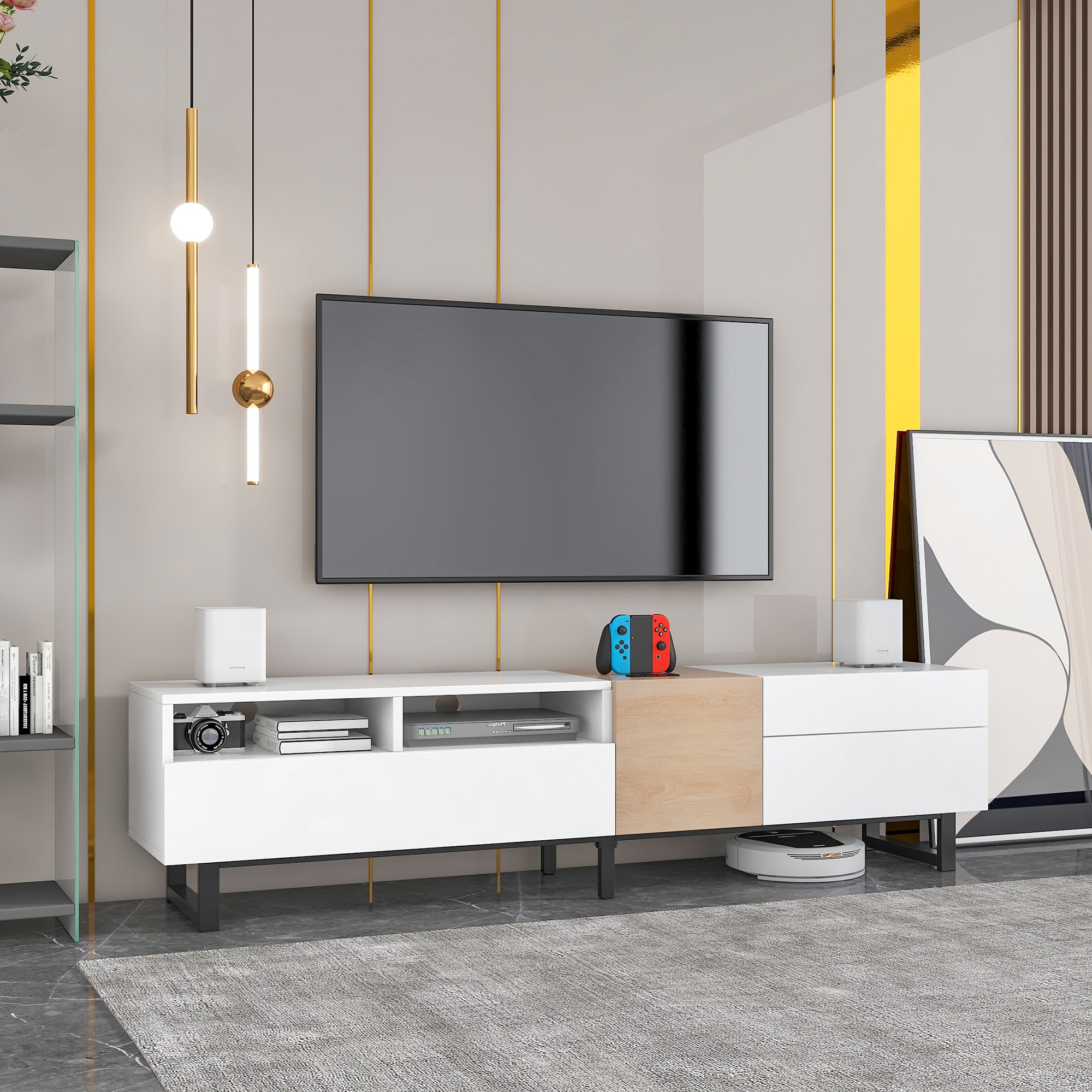 TV Stand for 80 Inch TVs, Paproos TV Console with Storage Cabinets, TV Cabinet with Doors, Media Console Table Entertainment Center for Living Room, Office