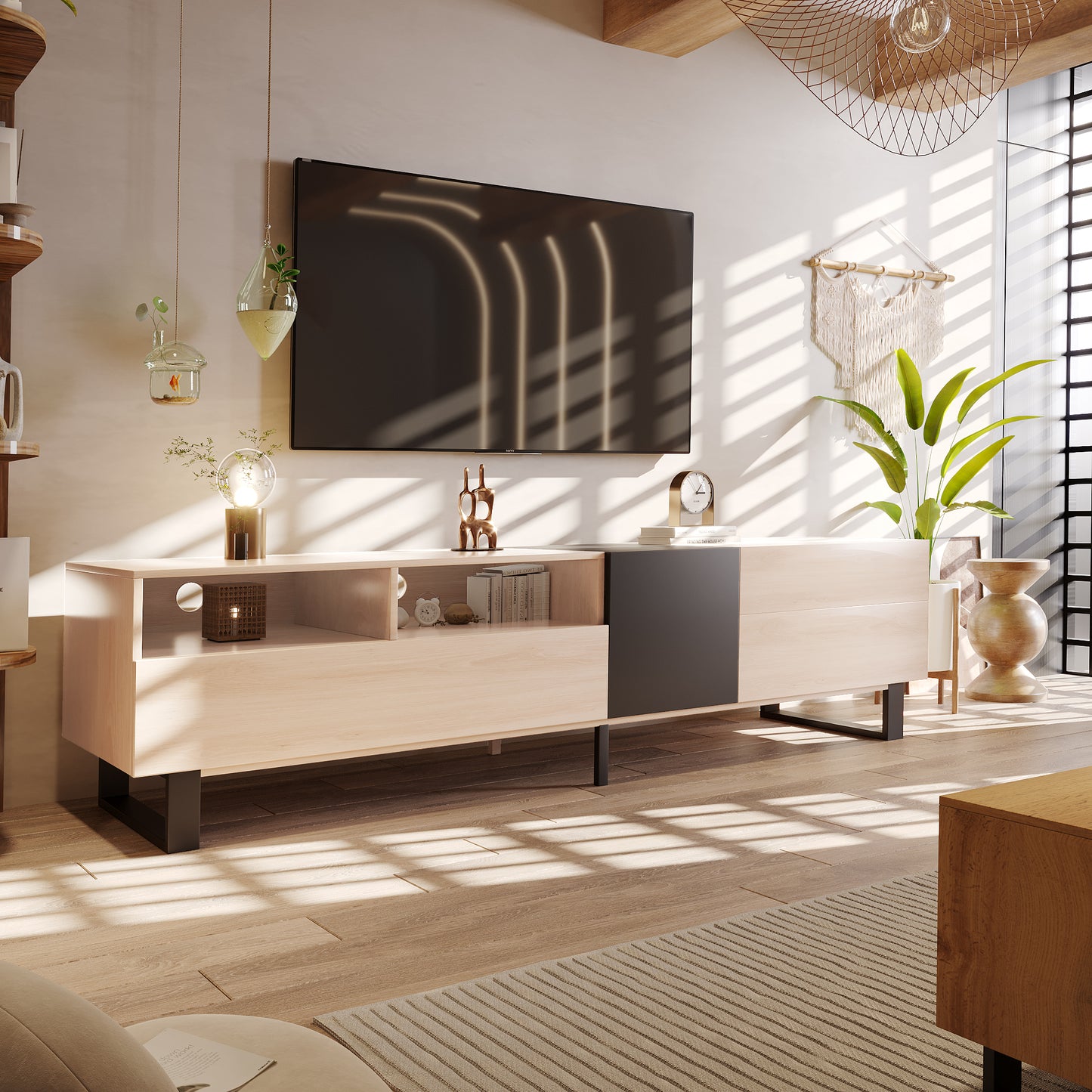 TV Stand for 80 Inch TVs, Paproos Entertainment Center with Storage Cabinets, TV Cabinet with Doors, Media Console Table with Open Shelves for Living Room, Office