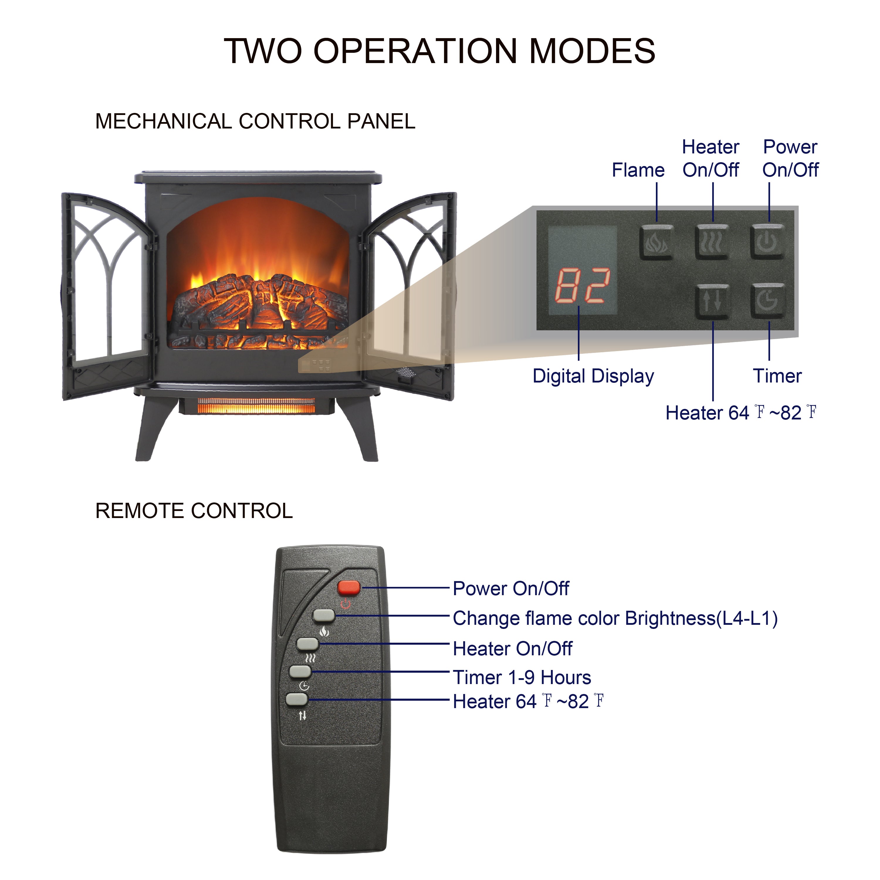 PAPROOS 24 inch Electric Fireplace Heater, Freestanding Quartz Fireplace Infrared Stove Heater with 3D Flame Effect Remote Control, Timer, Safety Protection Heater for Indoor, 1500W, Antique Black
