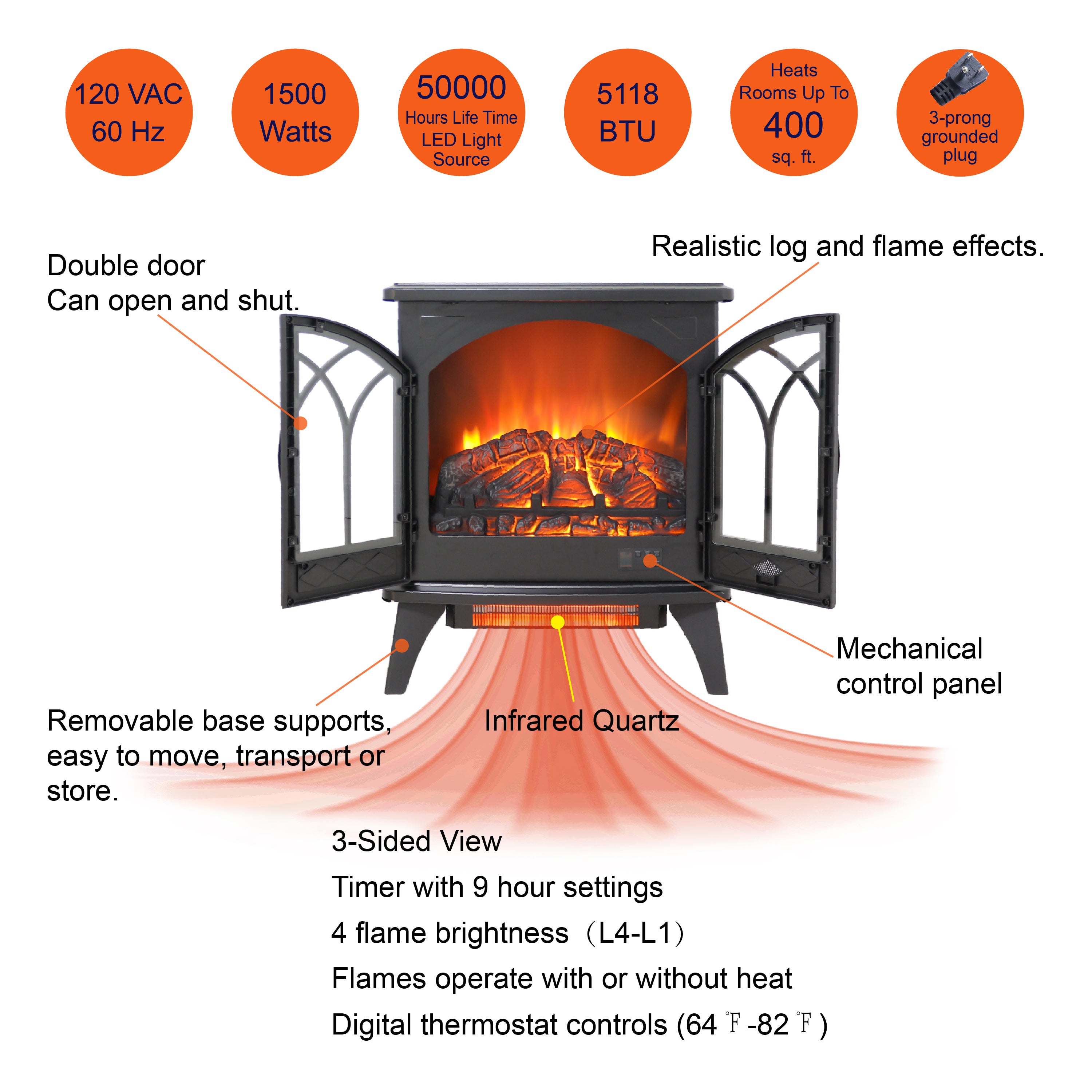 PAPROOS 24 inch Electric Fireplace Heater, Freestanding Quartz Fireplace Infrared Stove Heater with 3D Flame Effect Remote Control, Timer, Safety Protection Heater for Indoor, 1500W, Antique Black