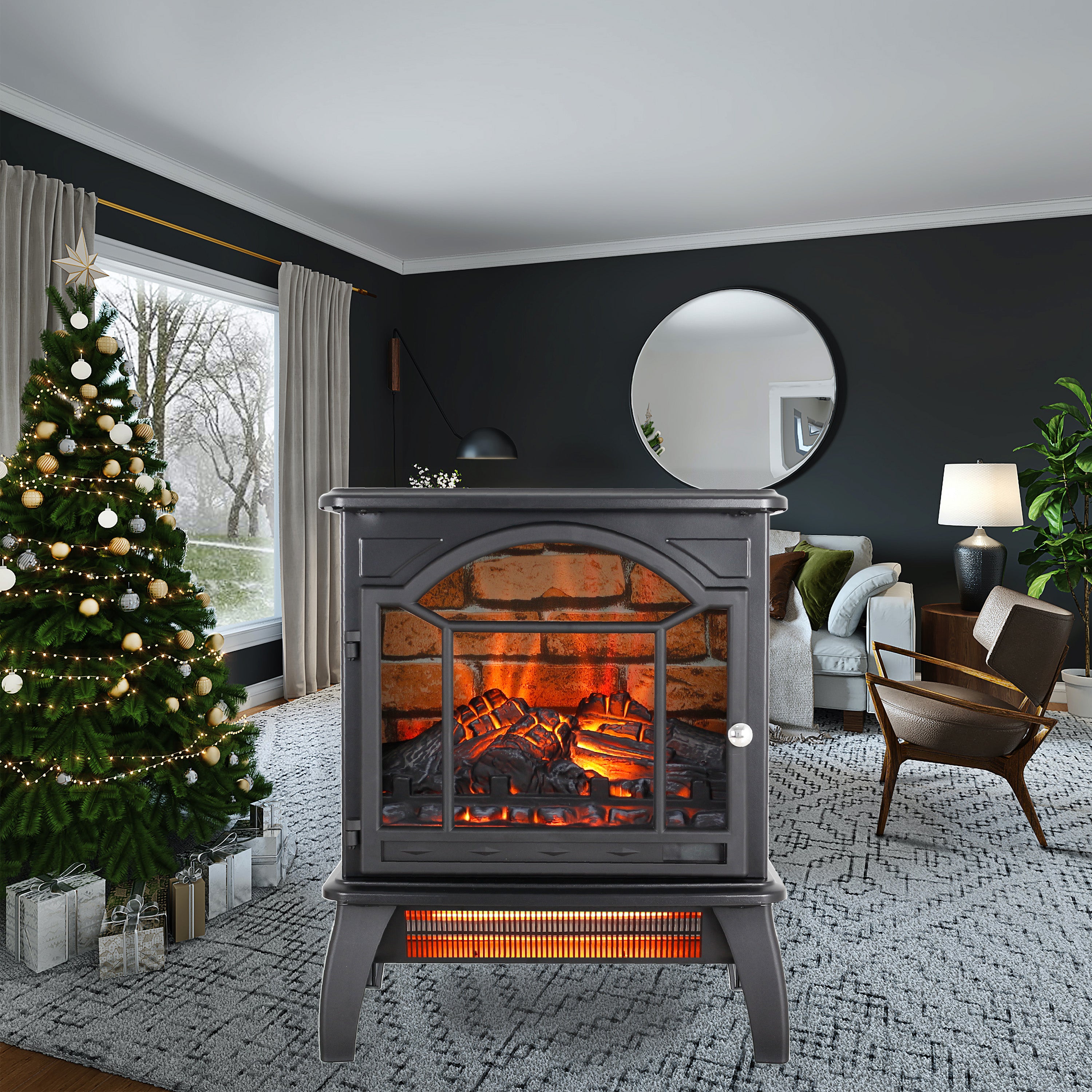 PAPROOS 18 inch Electric Fireplace Heater, Freestanding Quartz Fireplace Infrared Stove Heater with 3D Flame Effect Remote Control, Timer, Safety Protection Heater for Indoor, 1500W, Antique Black