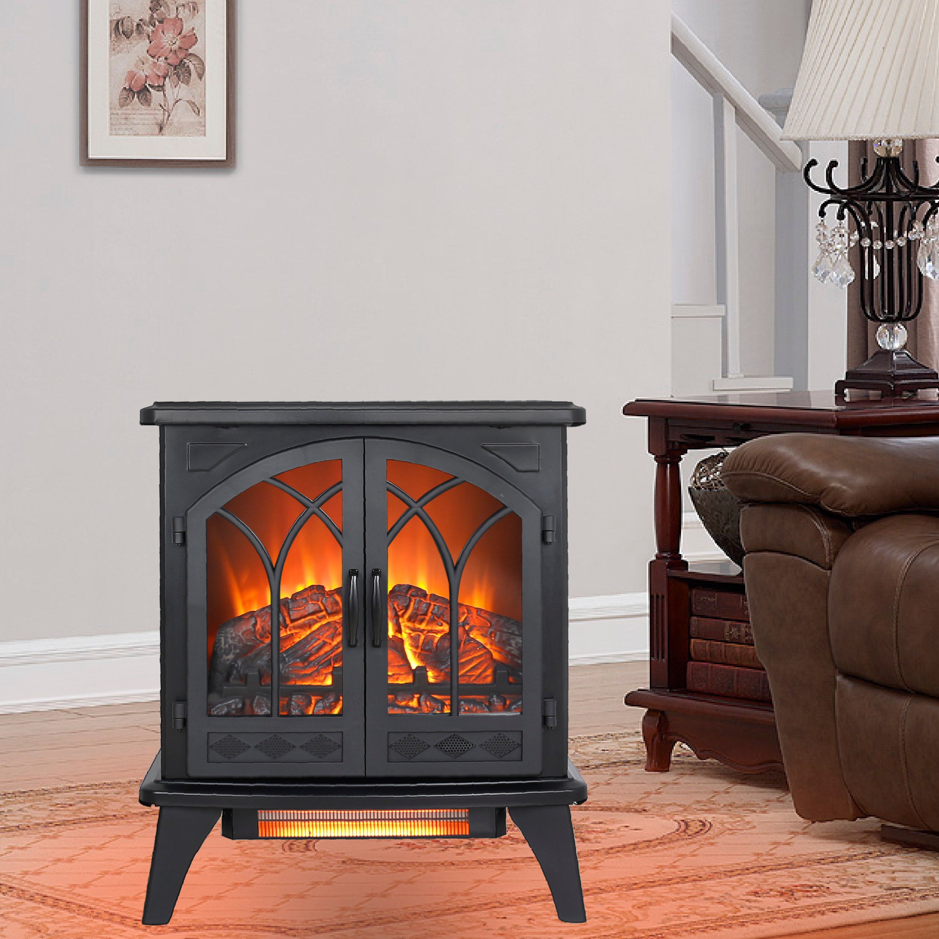 PAPROOS 24 inch Electric Fireplace Heater, Freestanding Quartz Fireplace Infrared Stove Heater with 3D Flame Effect Remote Control, Timer, Safety Protection Heater for Indoor, 1500W, Antique Black