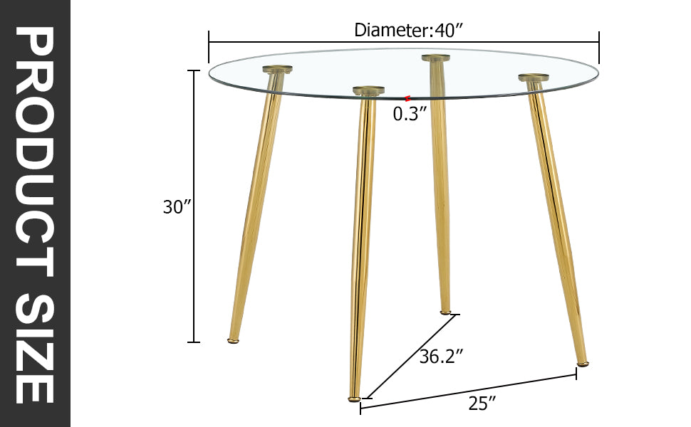 40" Round Glass Dining Table, Paproos Dining Table for 4, Kitchen Table with Gold Plated Metal Legs, Minimalist Glass Dining Room Table for Kitchen, Gold(Only Table)