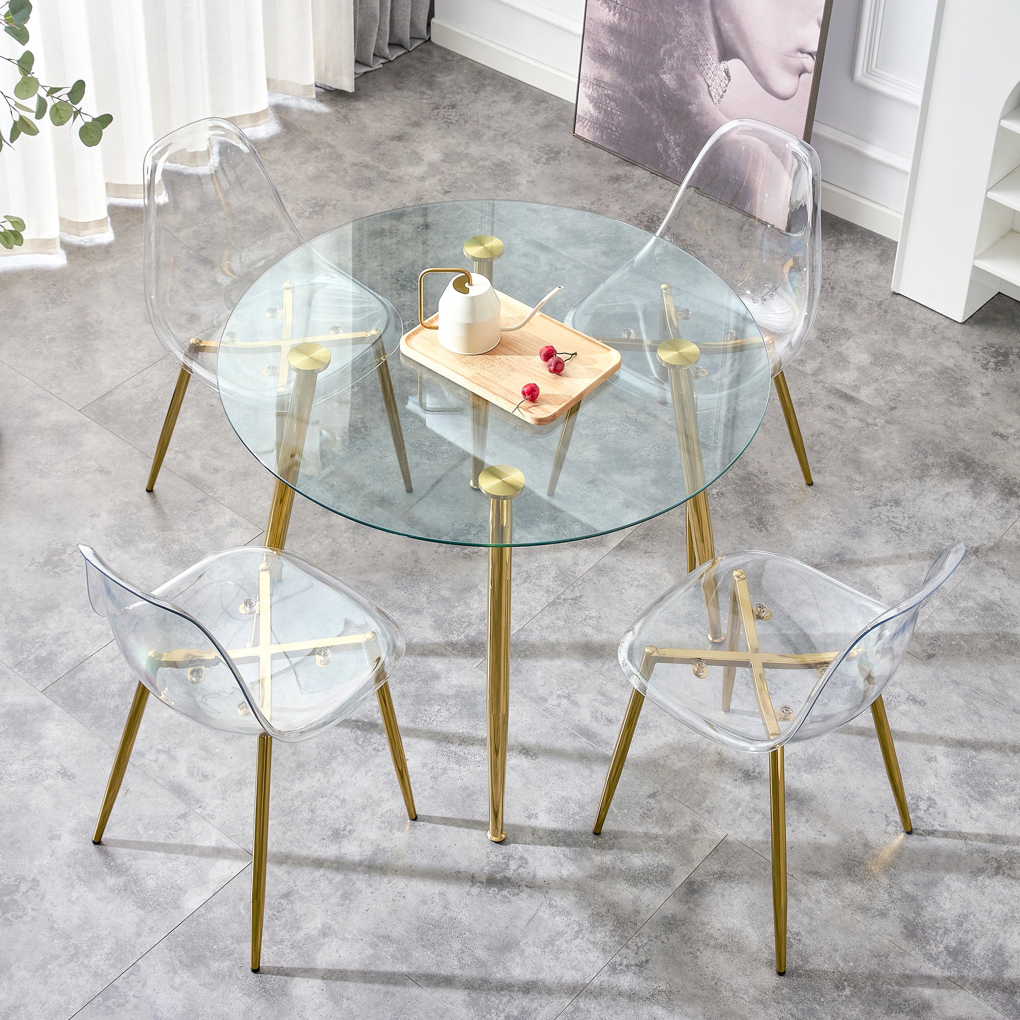 40" Round Glass Dining Table, Paproos Dining Table for 4, Kitchen Table with Gold Plated Metal Legs, Minimalist Glass Dining Room Table for Kitchen, Gold(Only Table)
