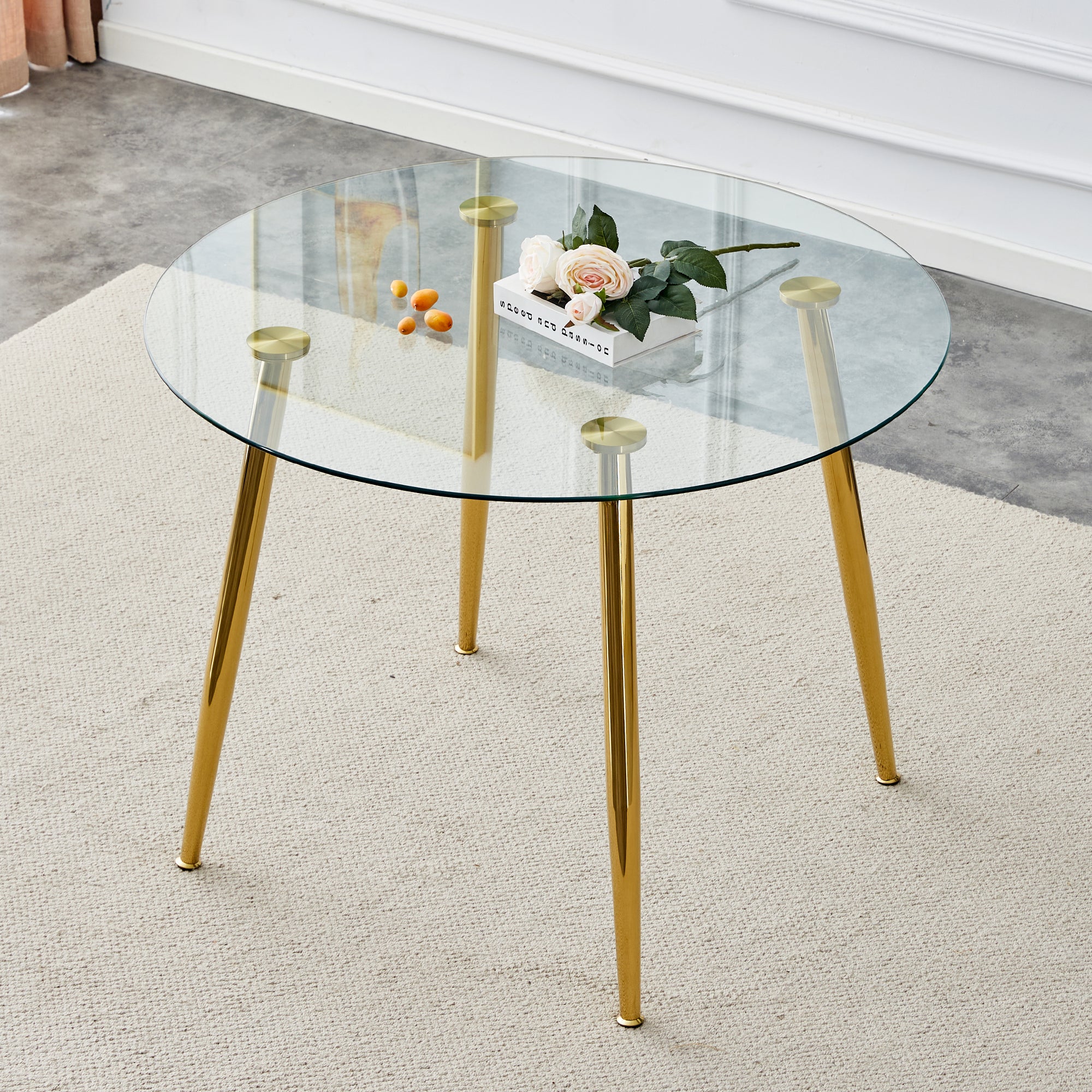 40" Round Glass Dining Table, Paproos Dining Table for 4, Kitchen Table with Gold Plated Metal Legs, Minimalist Glass Dining Room Table for Kitchen, Gold(Only Table)