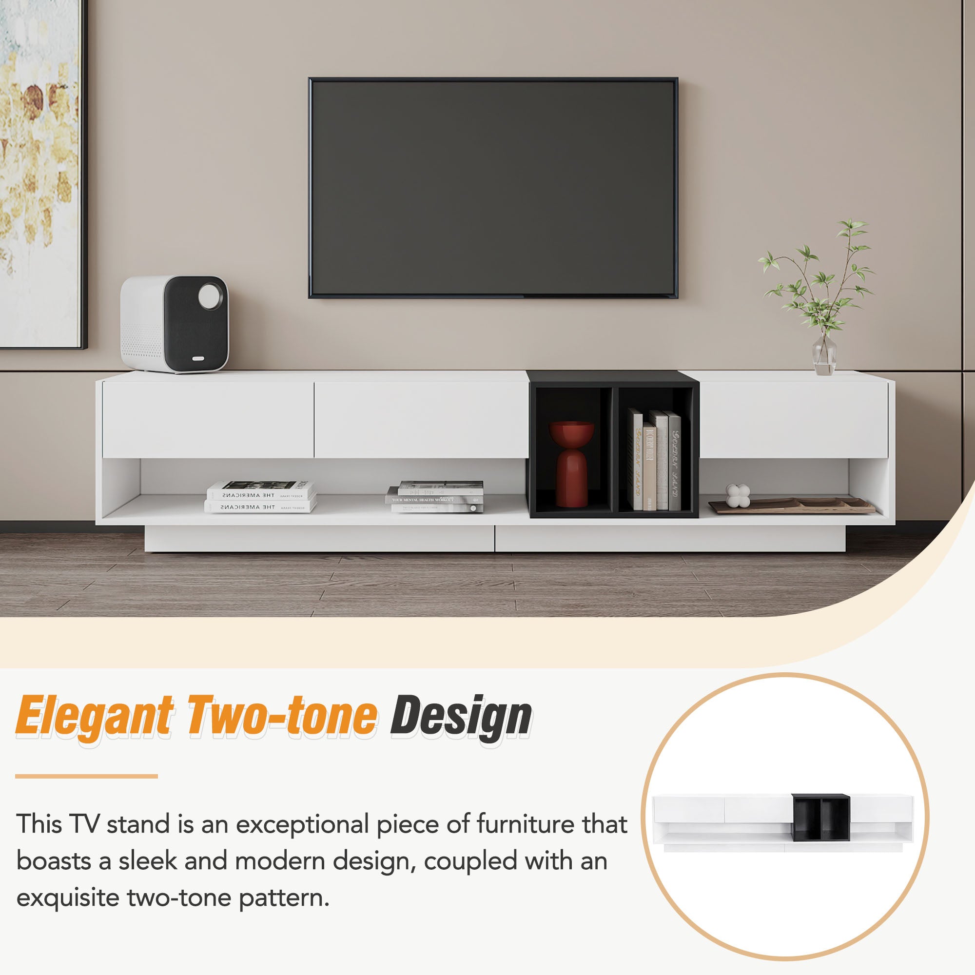 PAPROOS White TV Stand for TVS up to 80", Two-tone TV Console Table with Drawers and Storage Shelves, Modern TV Cabinet Entertainment Center, Functional TV Stand for Living Room, Lounge Room