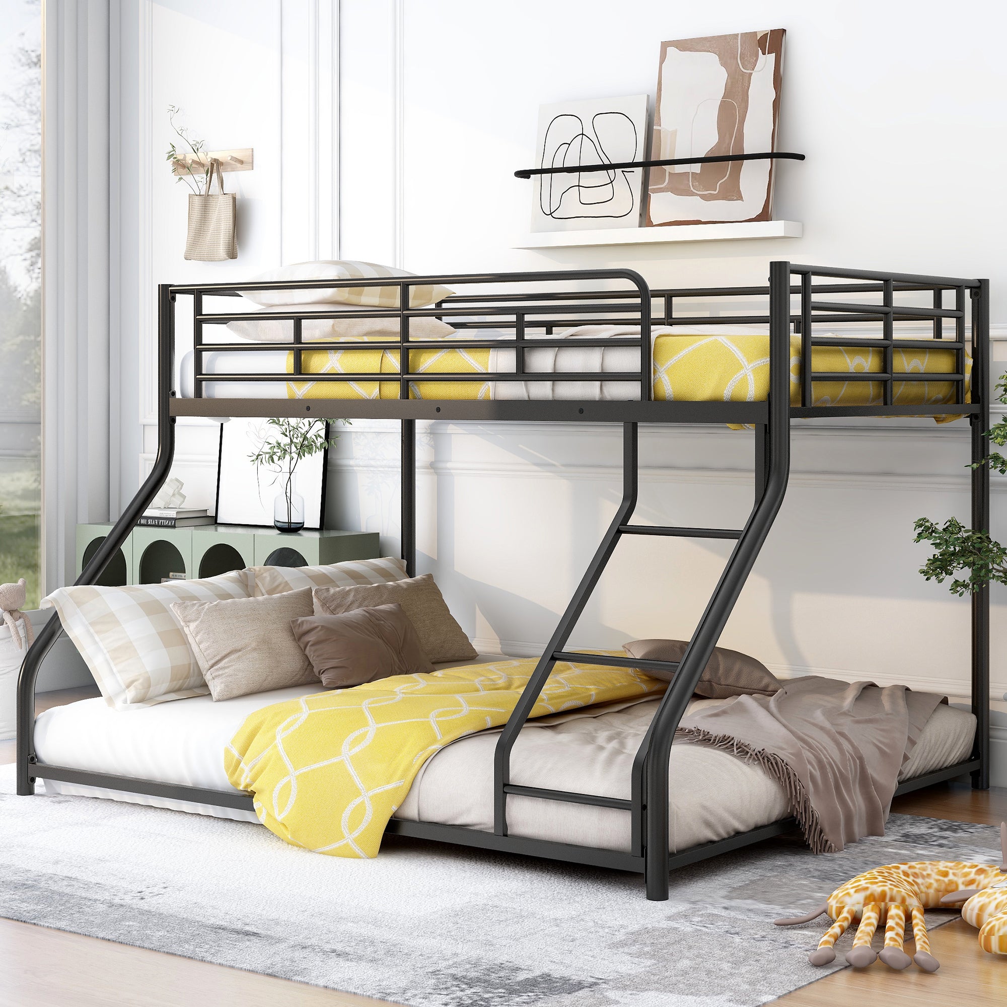 PAPROOS Bunk Bed Twin Over Full, Bunk Bed for Kids with Drawers, Ladder, Guard Rails, USB Charging Station, Metal Bunk Bed Frame for Teens Adults for Bedroom Dorm Room,No Box Spring Needed, Black